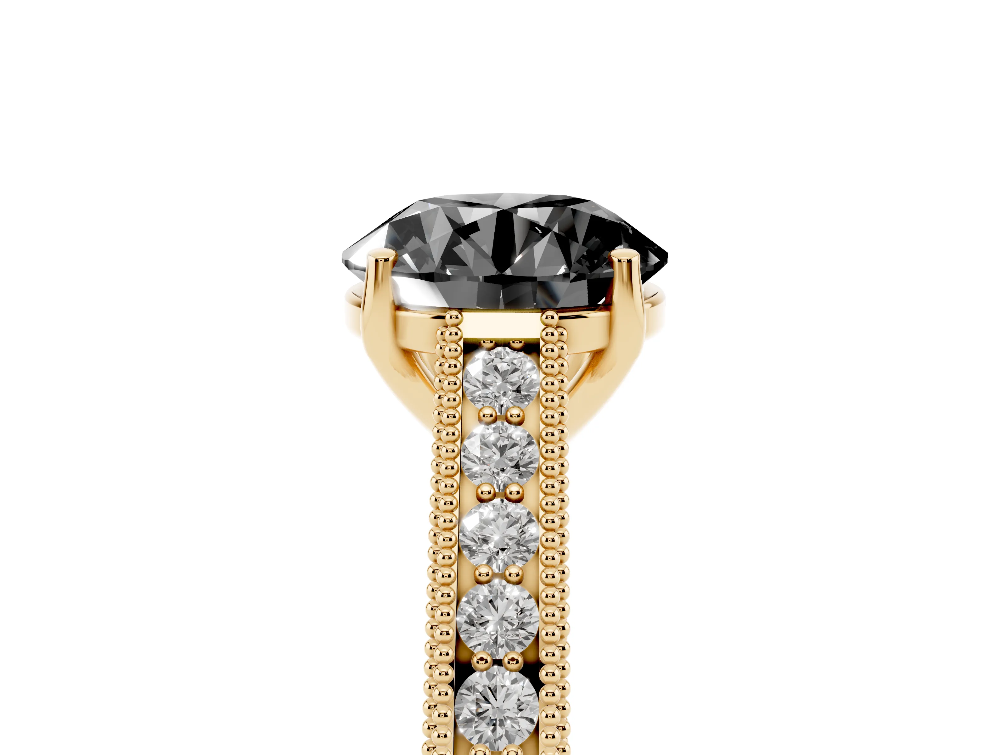 Fancy Black Round Cut Diamond Milgrain Pavé Band Solitaire Ring Set in Yellow gold with Prong Setting