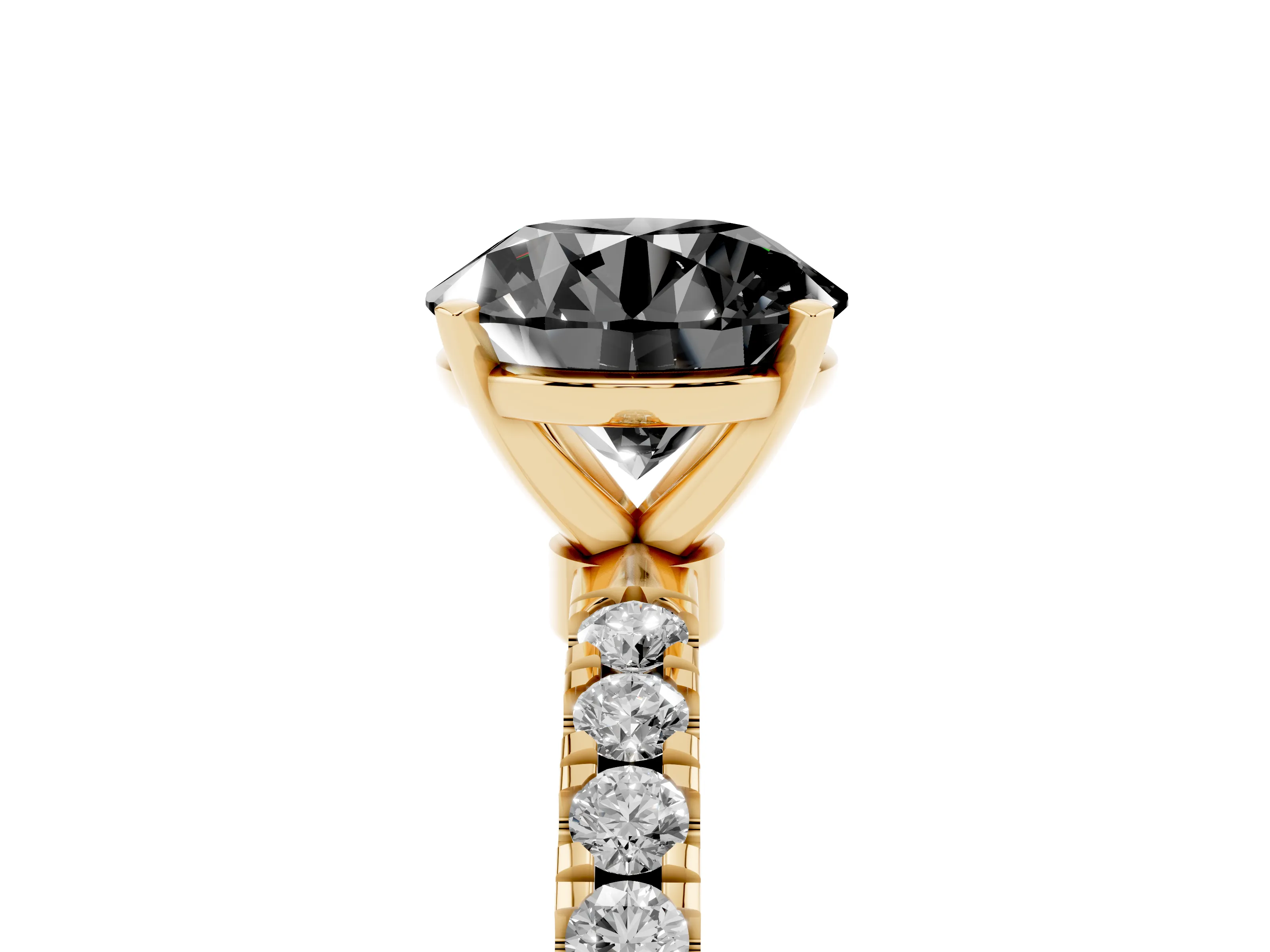 Fancy Black Round Cut Diamond Solitaire Ring Set in Yellow gold with Pavé Accents and Prong Setting