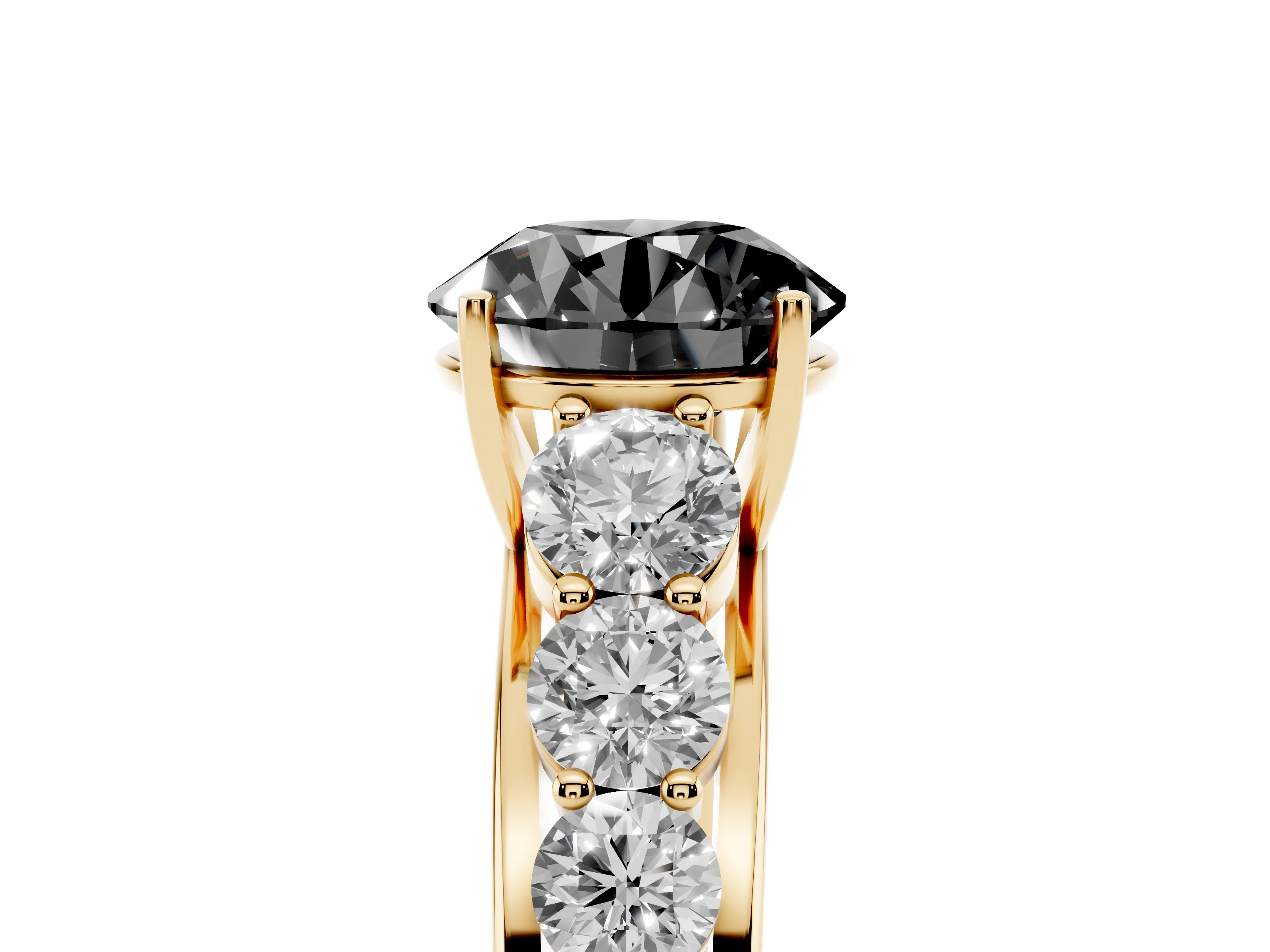 Fancy Black Round Cut Diamond Solitaire Ring Set in Yellow gold with Pavé-Set Band and Prong Setting