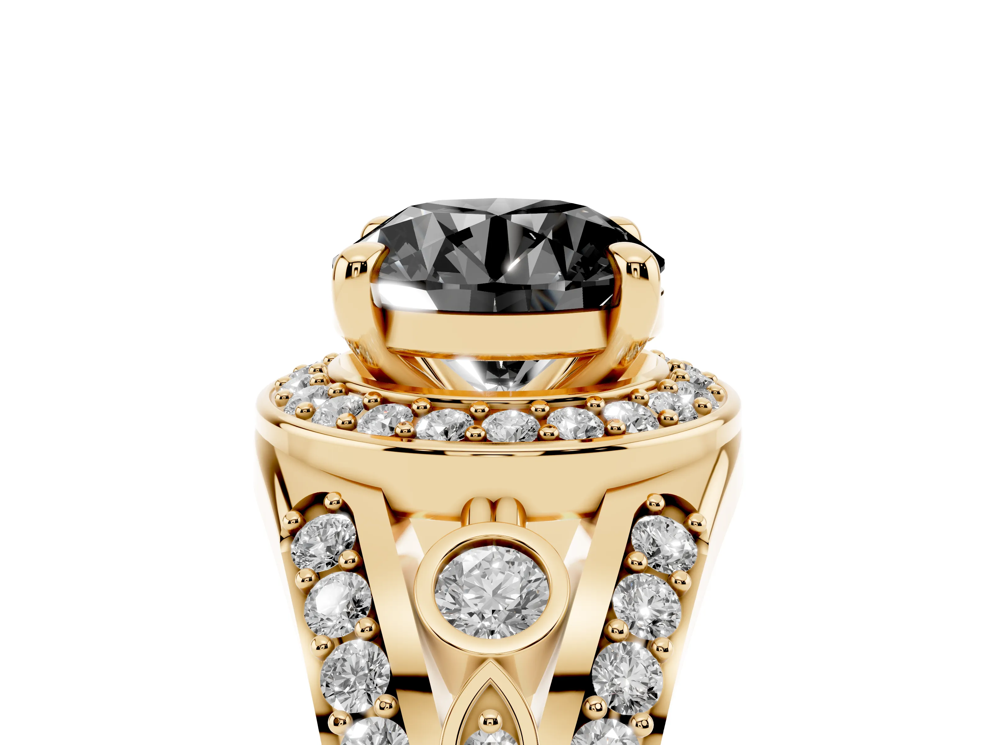 Fancy Black Round Cut Diamond Halo Ring Set in Yellow gold with Pavé Split Shank and Bezel Accents