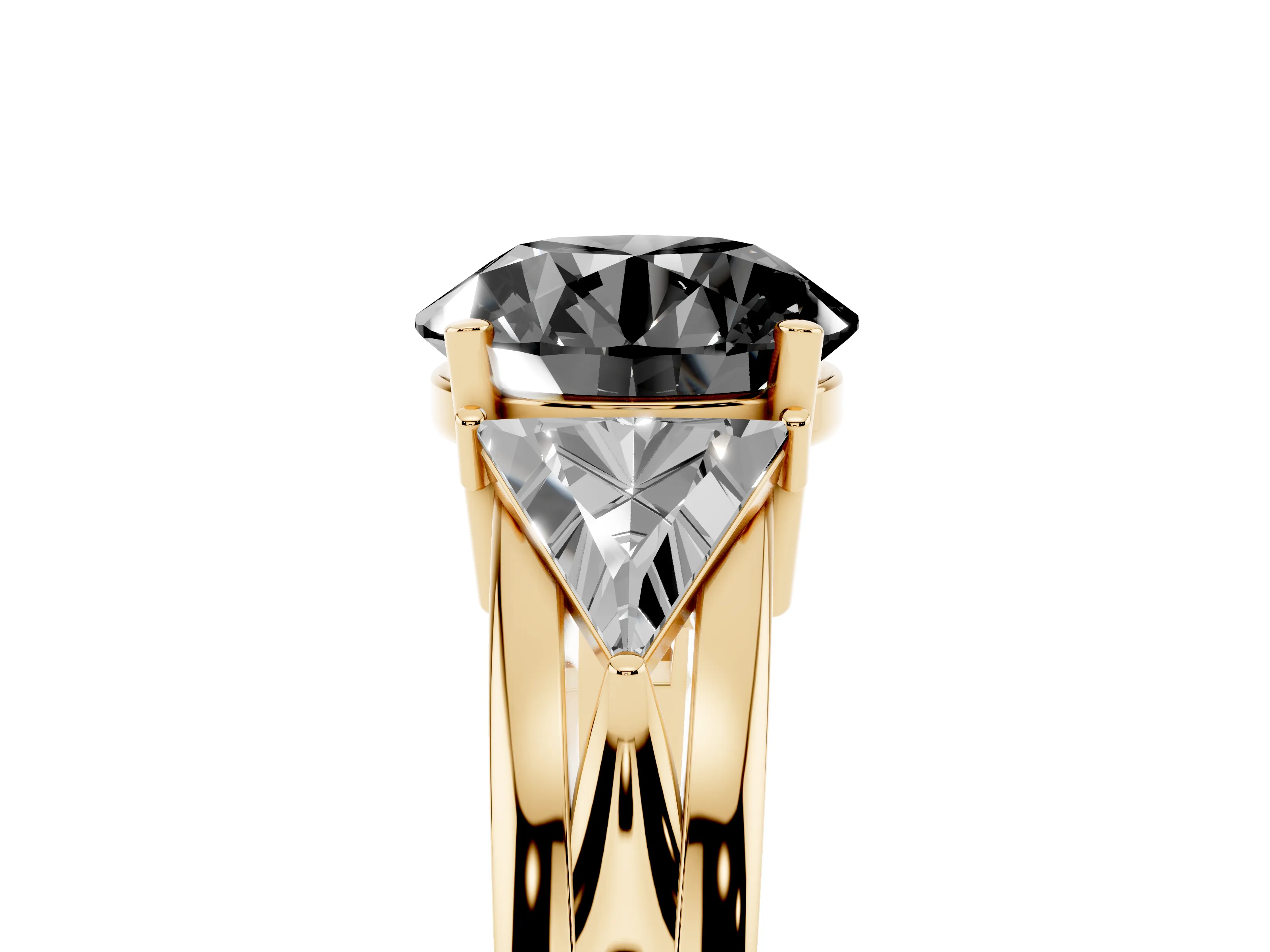Fancy Black Round Cut Diamond Three-Stone Ring Set in Yellow gold with Trillion Side Stones and Split Shank