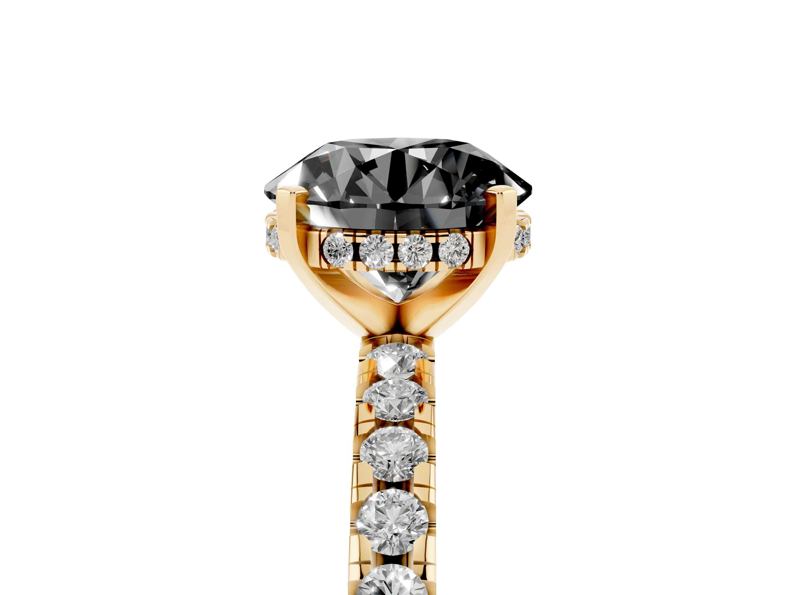 Fancy Black Round Cut Diamond Pavé Solitaire Ring Set in Yellow gold with Round Band Accents and Prong Setting