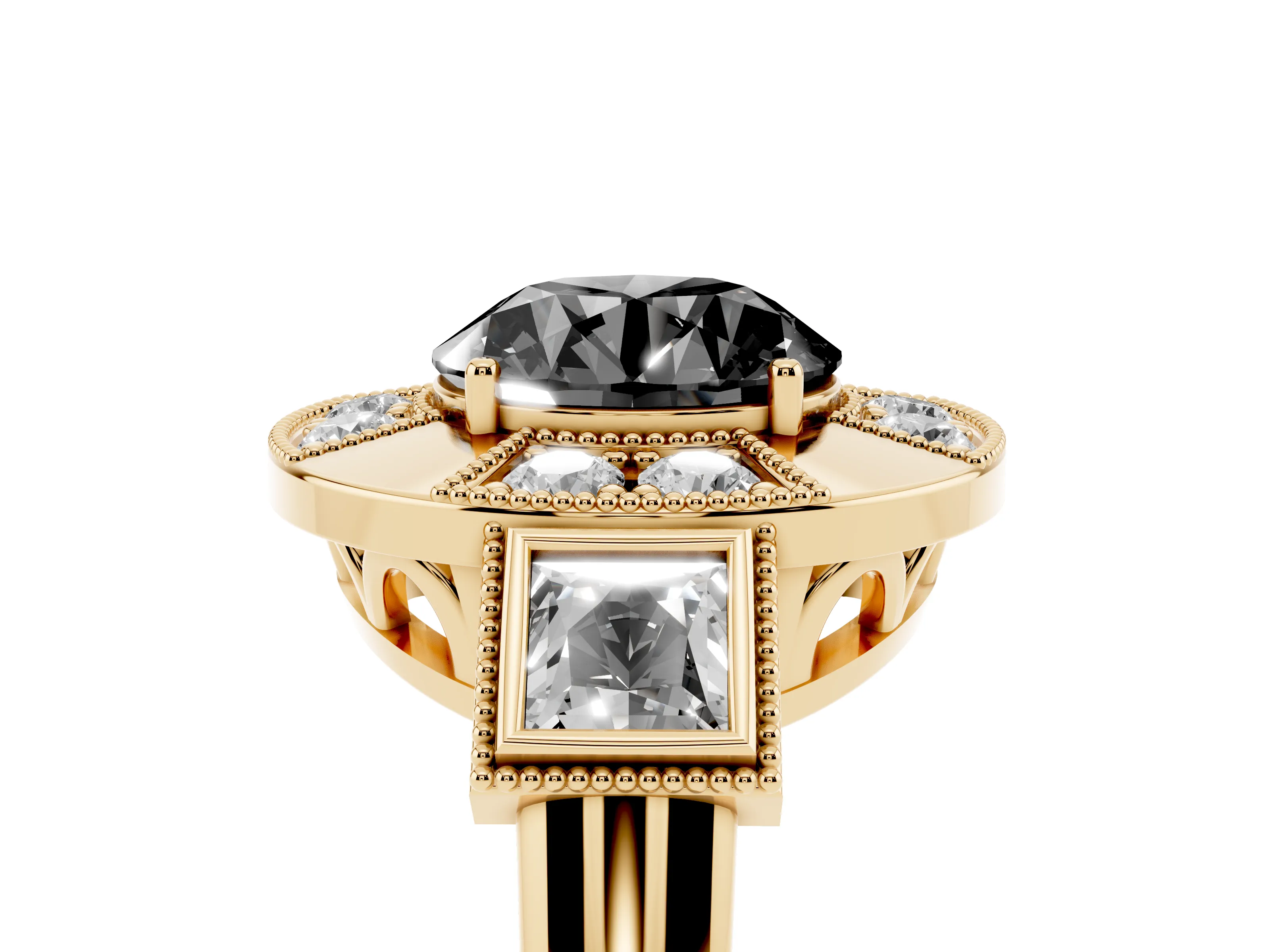 Fancy Black Round Cut Diamond Milgrain Halo Ring Set in Yellow gold with Split Shank