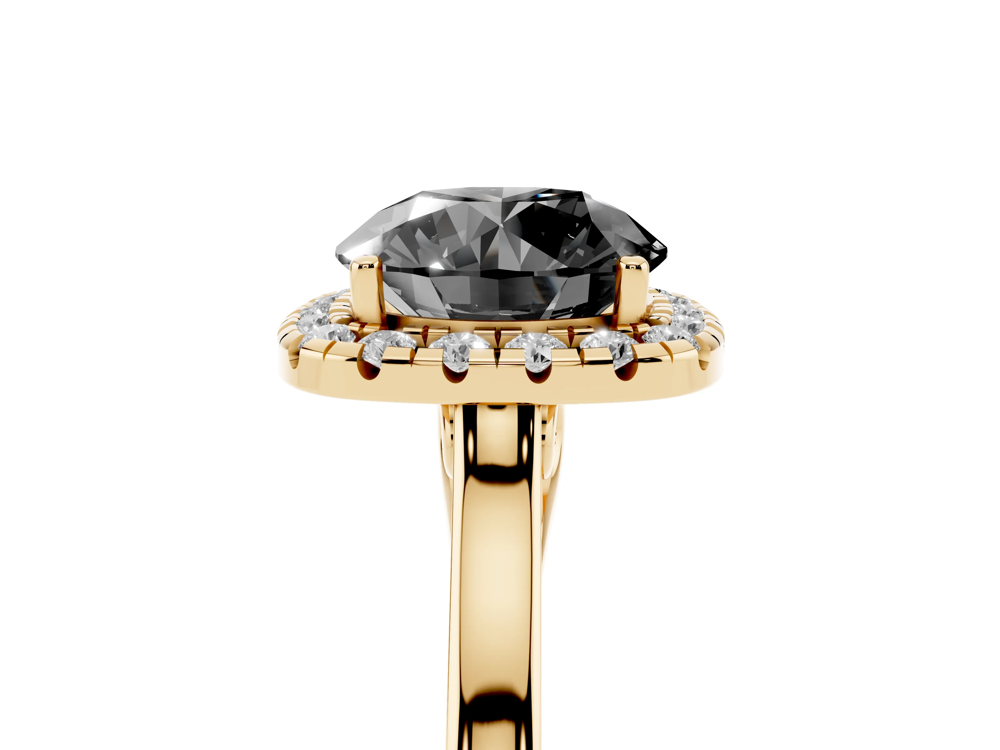 Fancy Black Round Cut Halo Round Diamond Solitaire Ring Set in Yellow gold with Pavé Band and Prong Setting