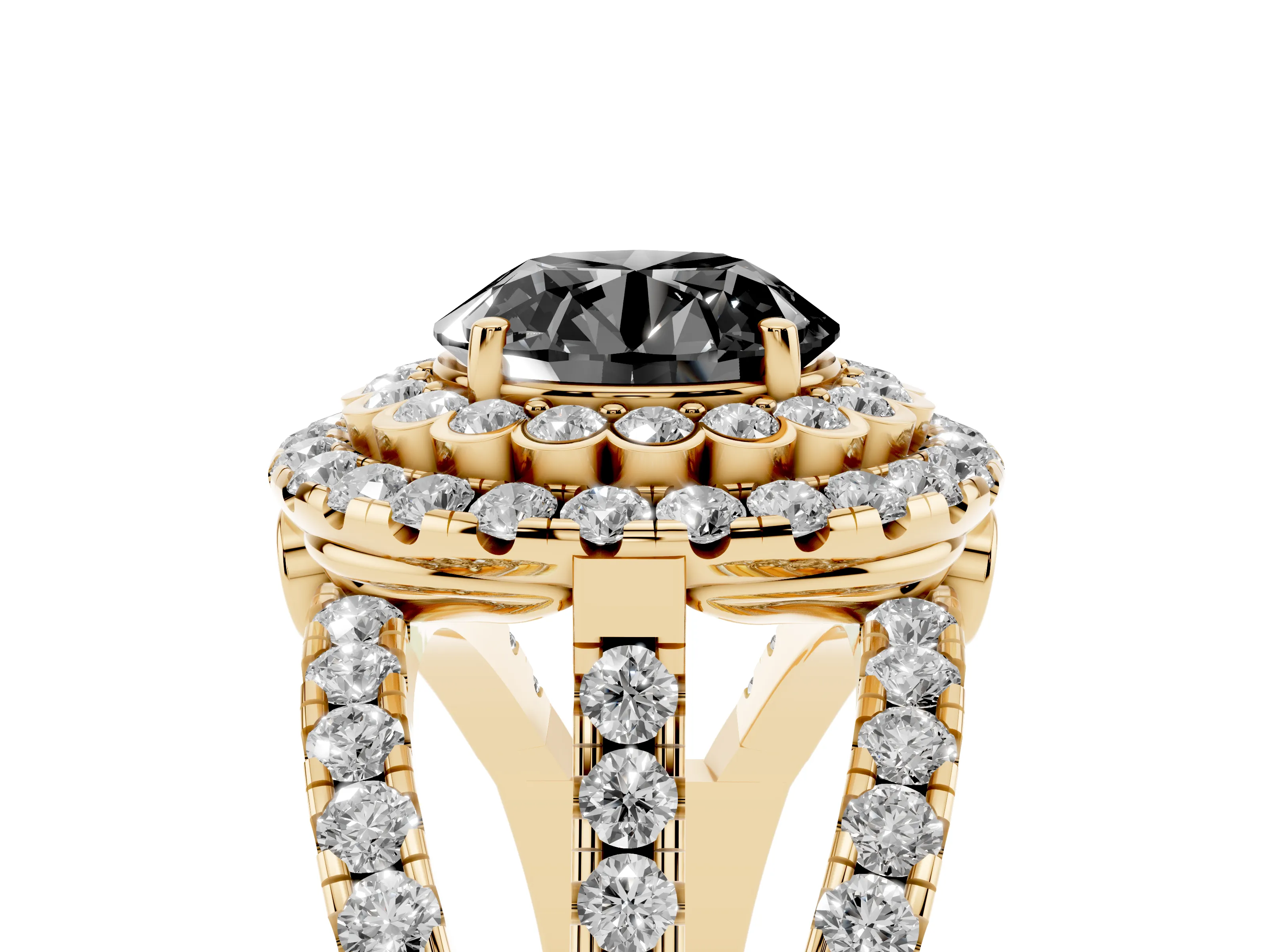 Fancy Black Round Cut Diamond Double Halo Ring Set in Yellow gold with Round Pavé Split Shank