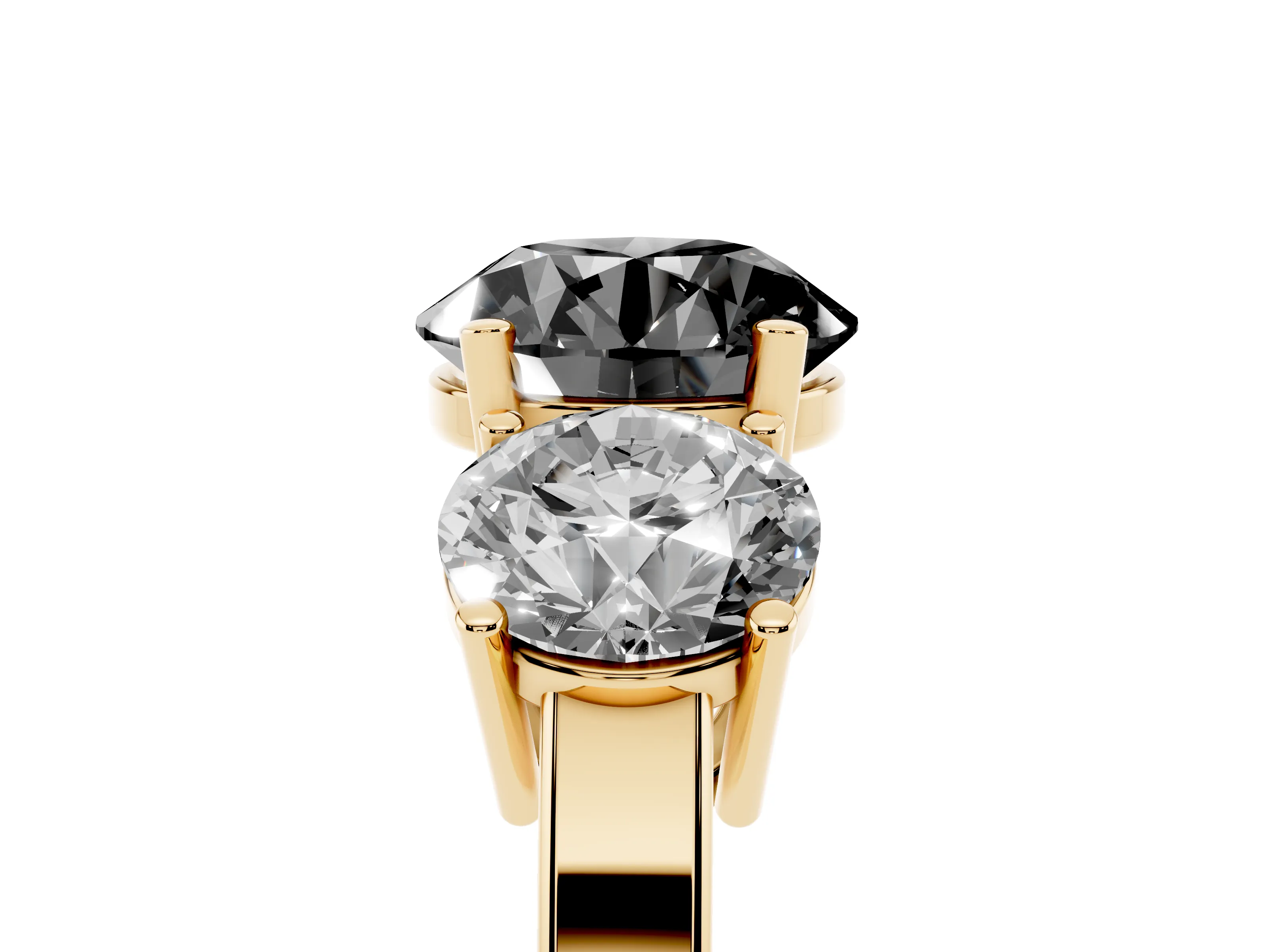 Fancy Black Round Cut Diamond Three-Stone Engagement Ring Set in Yellow gold with Flat Band