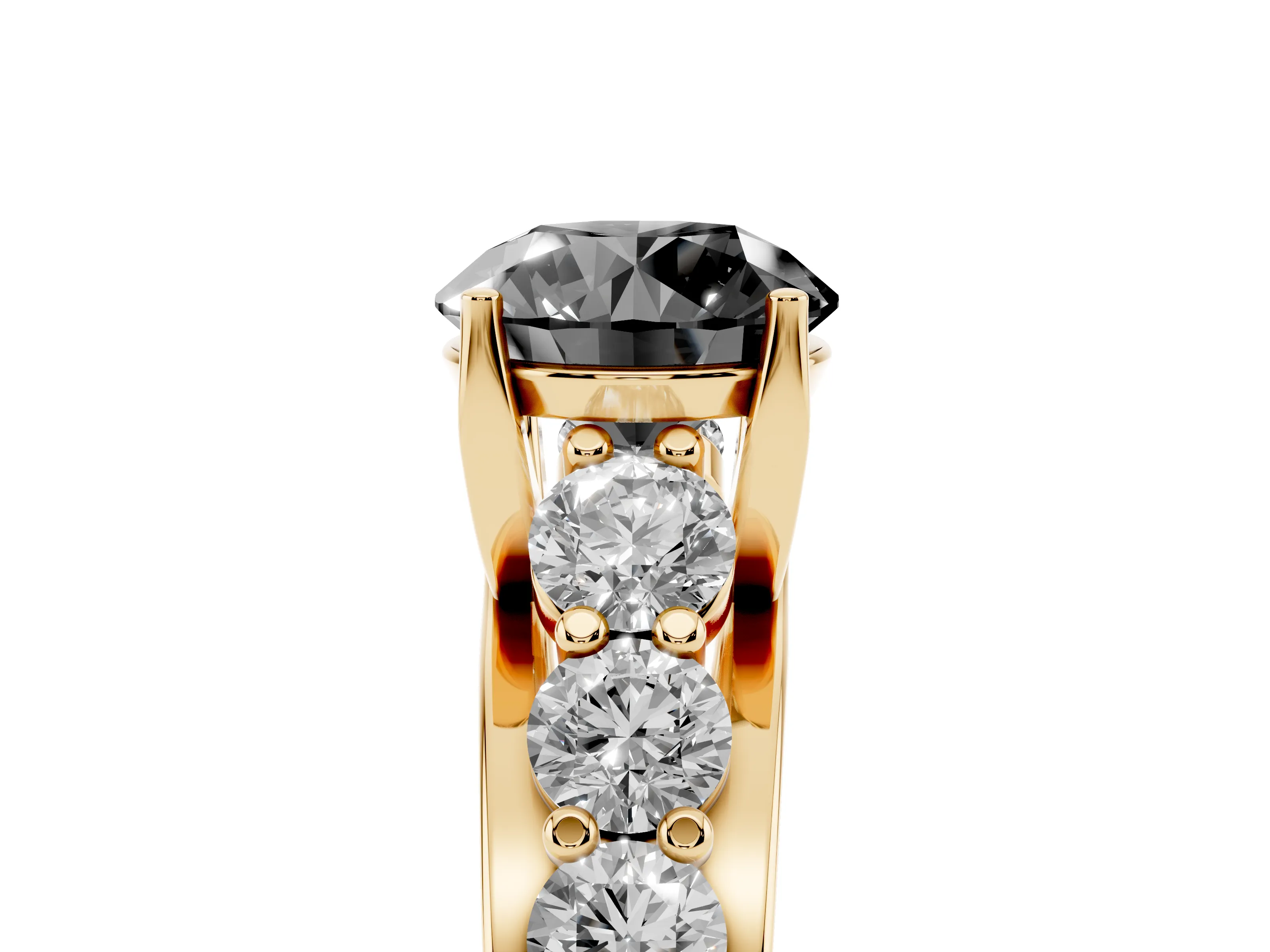 Fancy Black Round Cut Diamond Pavé Engagement Ring Set in Yellow gold with Prong Setting