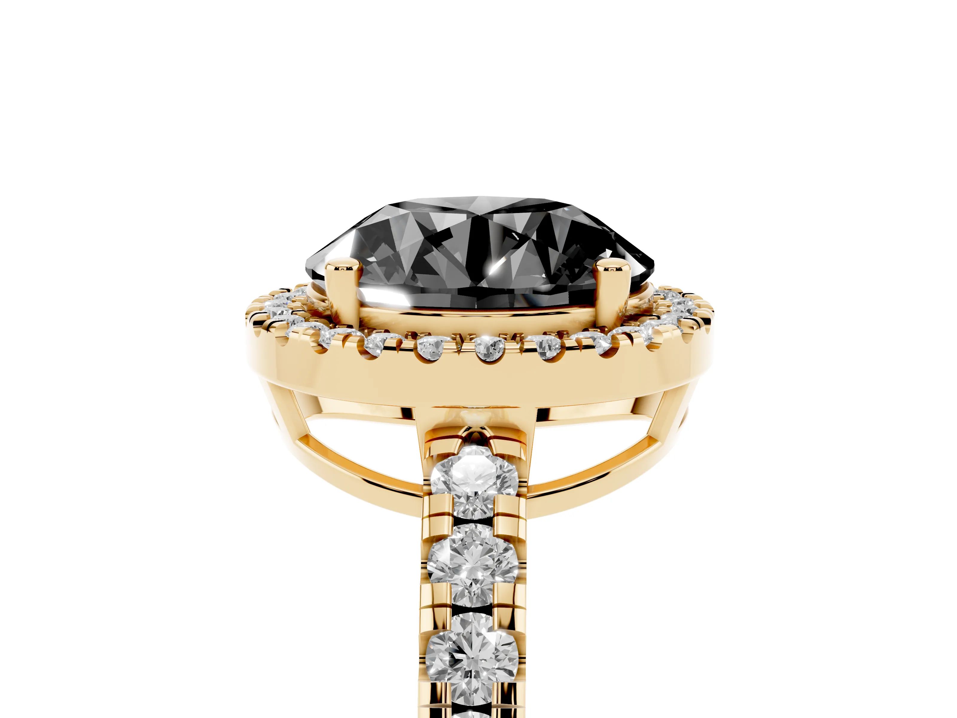 Fancy Black Round Cut Diamond Halo Ring Set in Yellow gold with Delicate Pavé Band and Prong Setting