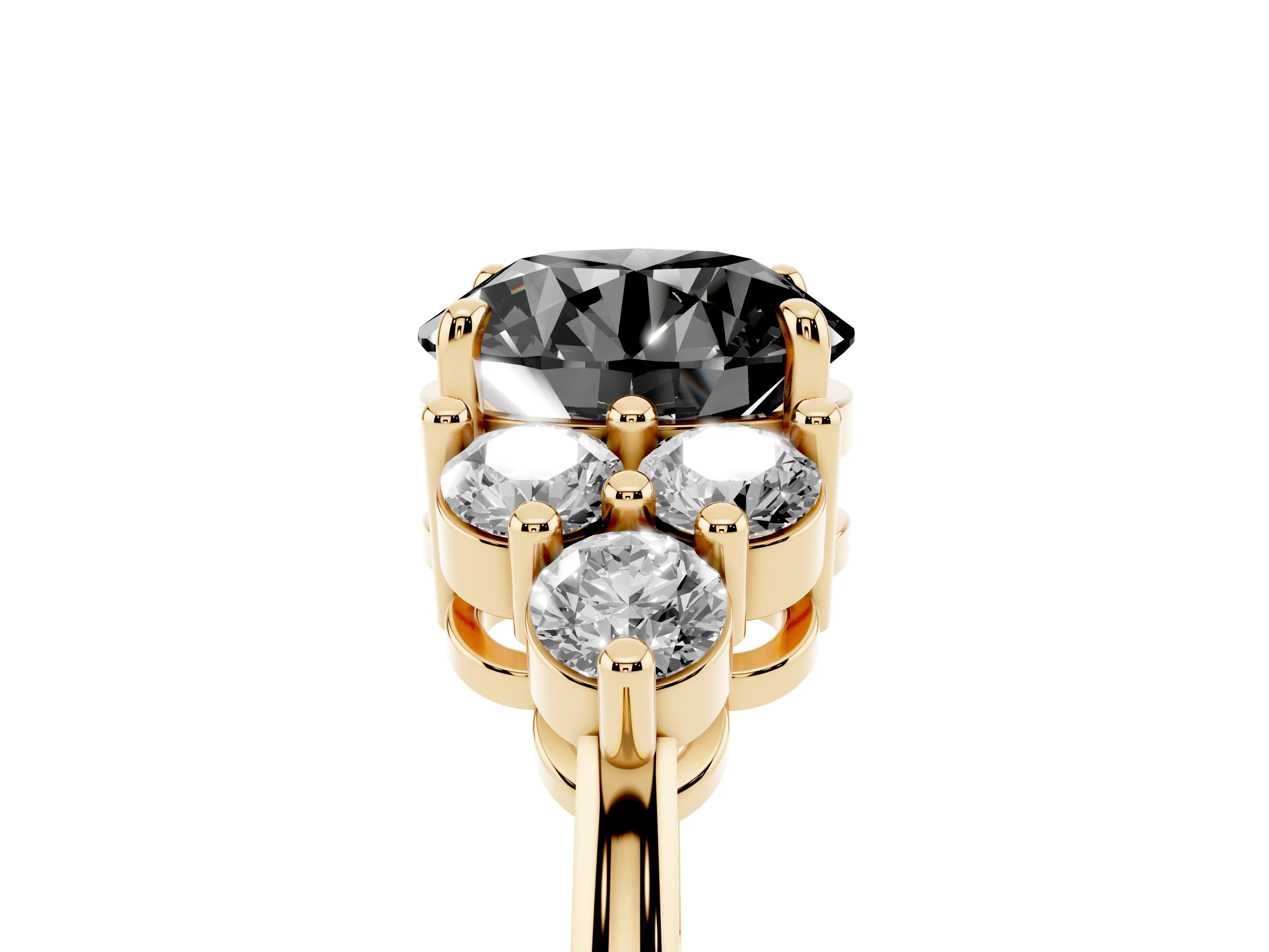 Fancy Black Round Cut Diamond Solitaire Ring Set in Yellow gold with Cluster Accents on Each Side