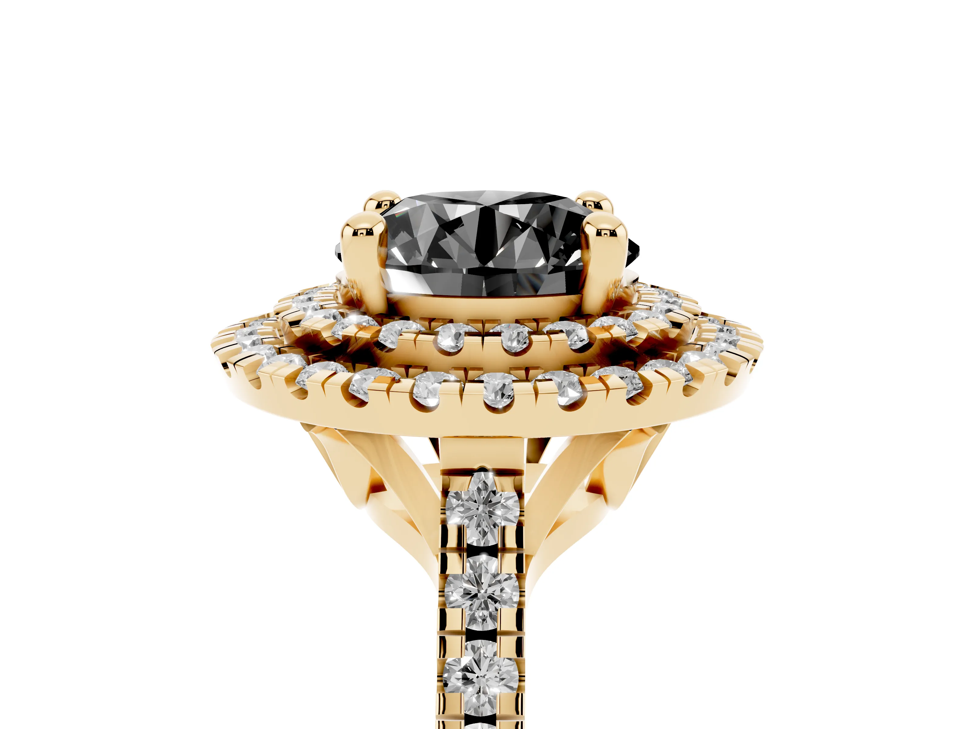 Fancy Black Round Cut Diamond Double Halo Statement Ring Set in Yellow gold with Pavé Band