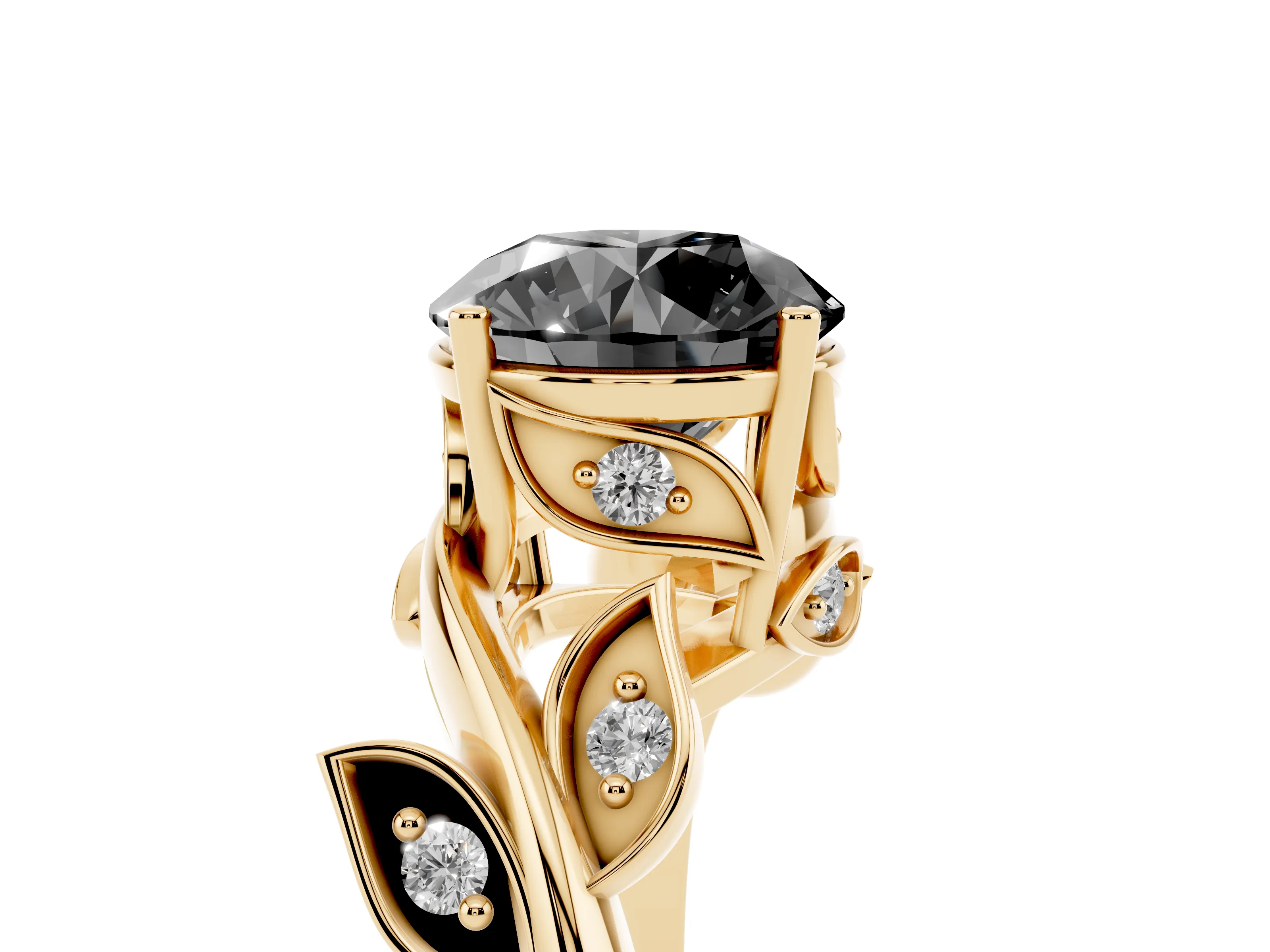 Fancy Black Round Cut Diamond Solitaire Twist Engagement Ring Set in Yellow gold with Pavé Leaf Accents
