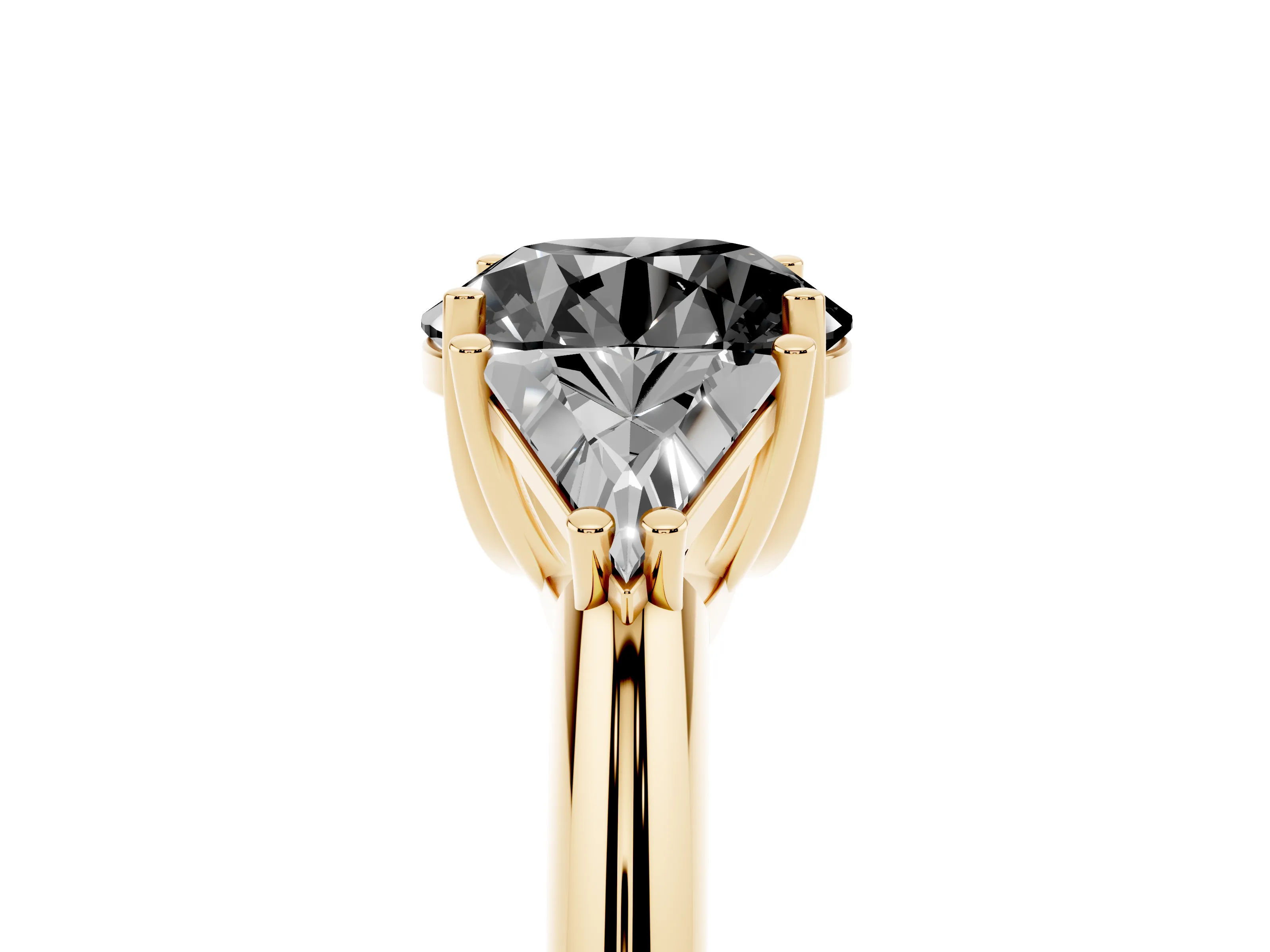 Fancy Black Round Cut Diamond Three-Stone Engagement Ring Set in Yellow gold with Trillion Side Stones