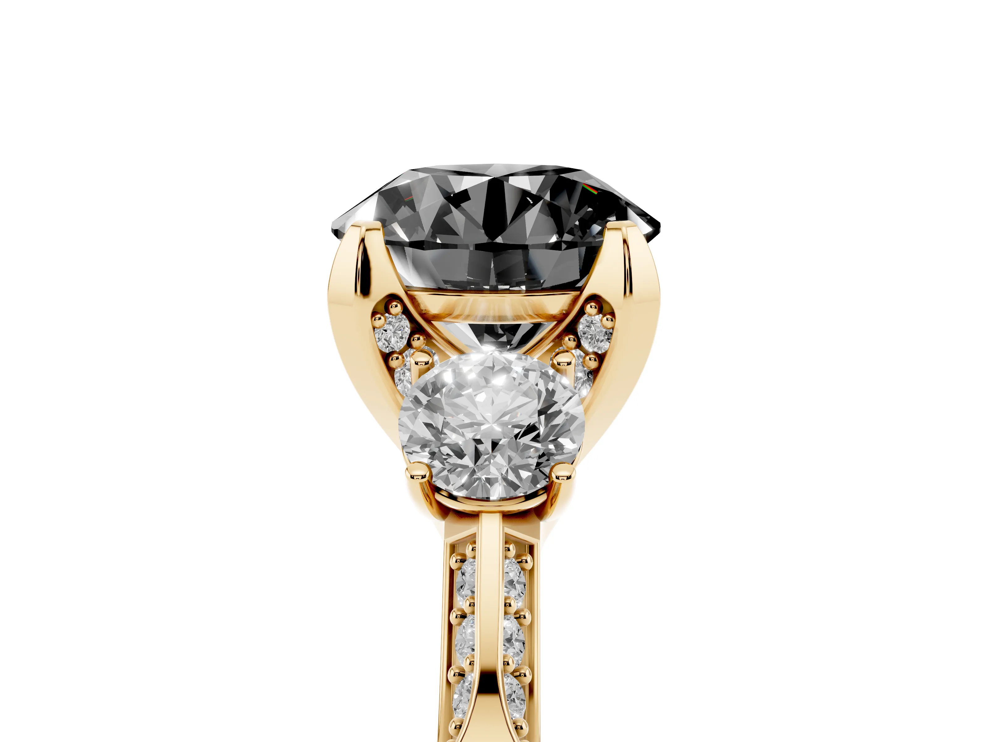 Fancy Black Round Cut Diamond Three-Stone Ring Set in Yellow gold with Pavé Band and Smaller Side Stones