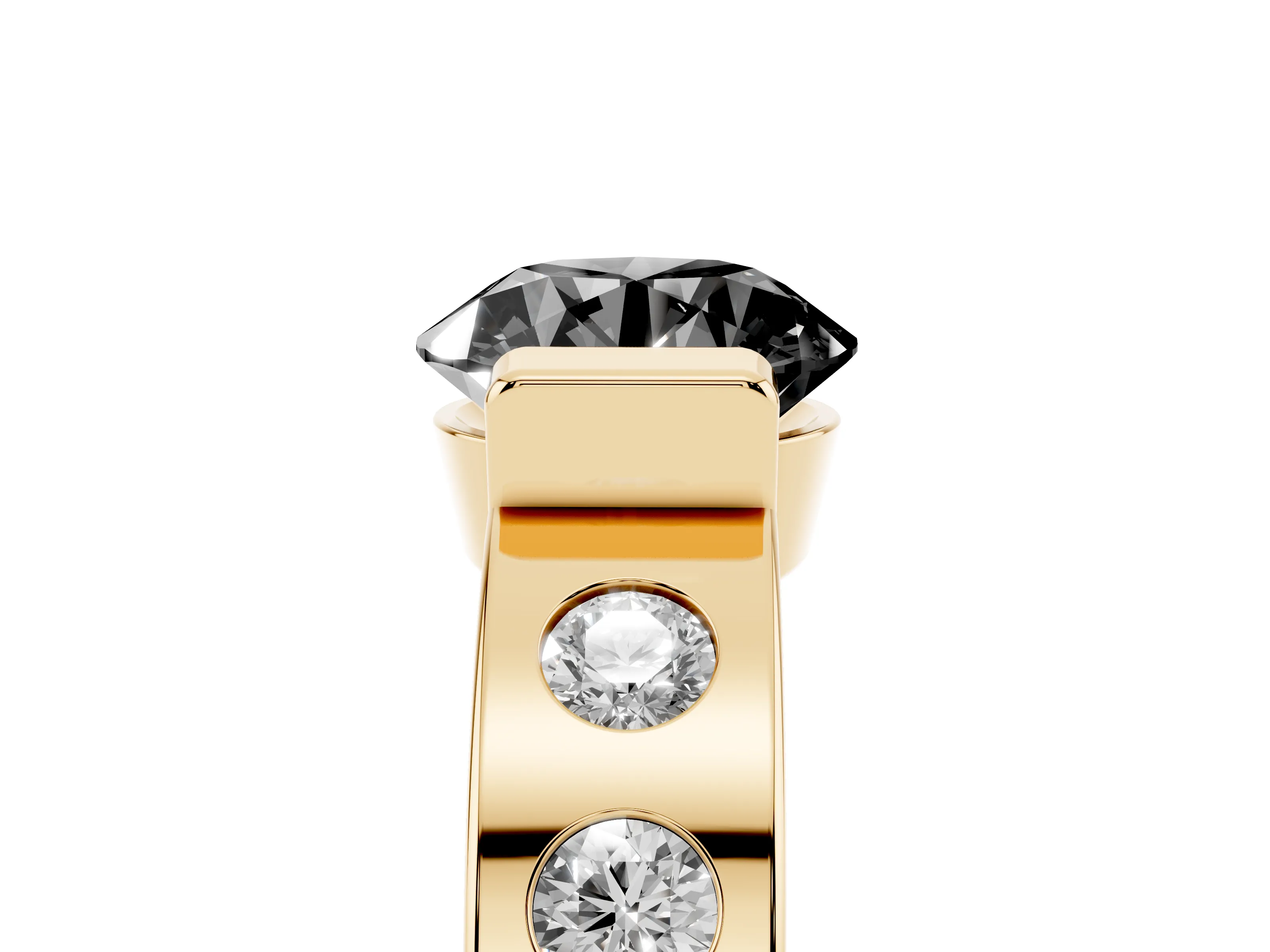 Fancy Black Round Cut Diamond Channel-Set Band Ring Set in Yellow gold with Bezel Prong Setting
