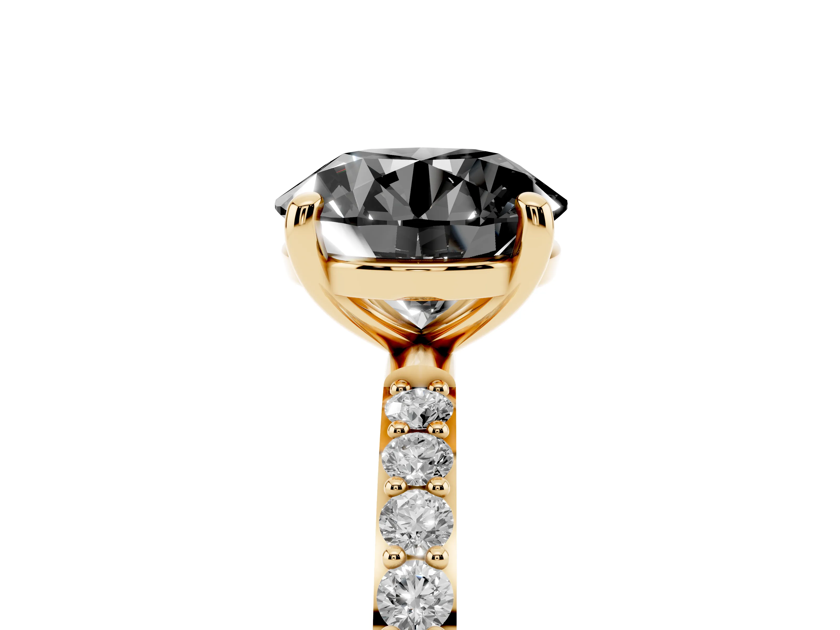 Fancy Black Round Cut Diamond Solitaire Ring Set in Yellow gold with Round Pavé Band and Prong Setting