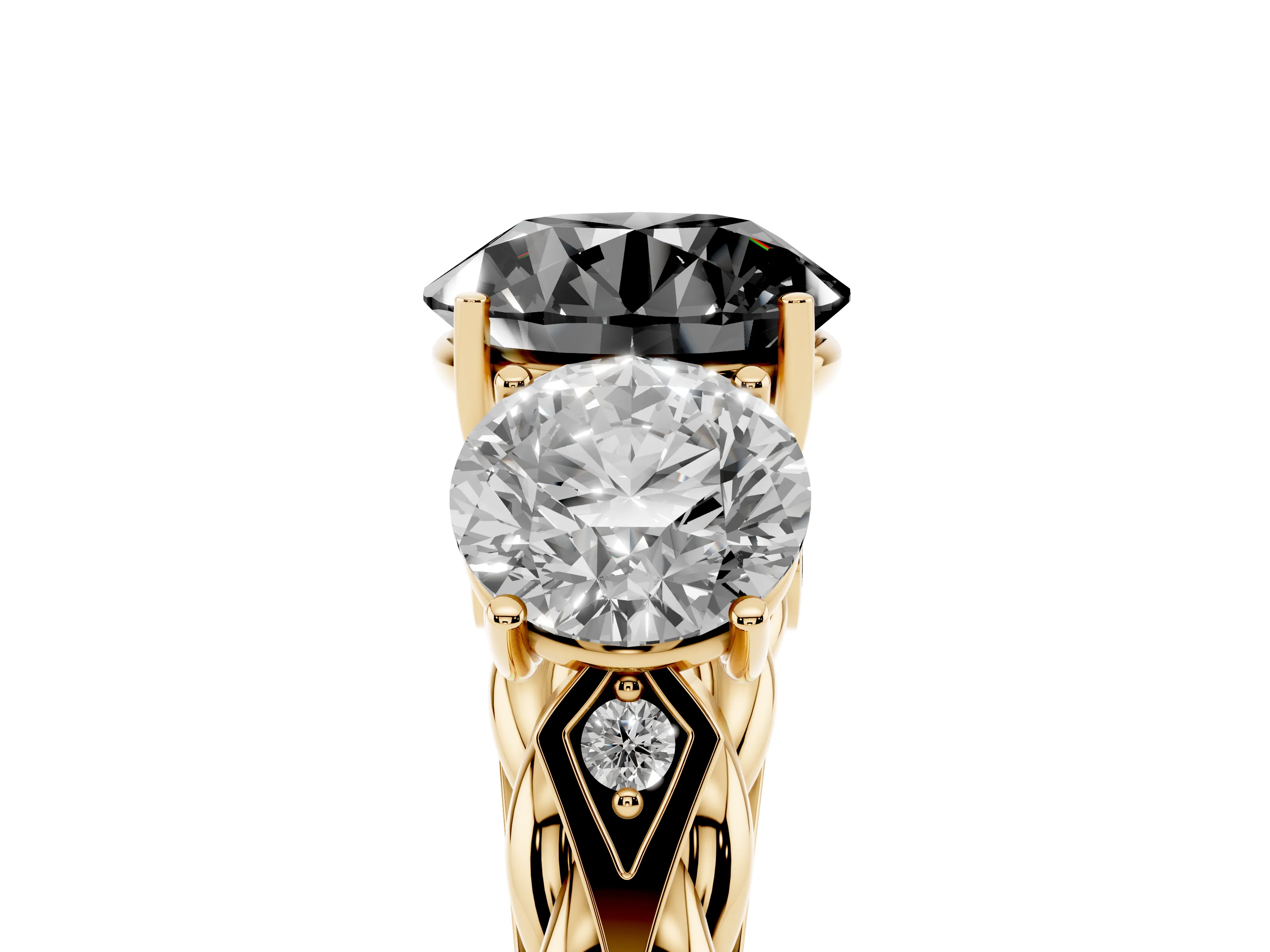 Fancy Black Round Cut Diamond Three-Stone Ring Set in Yellow gold with Braided Band