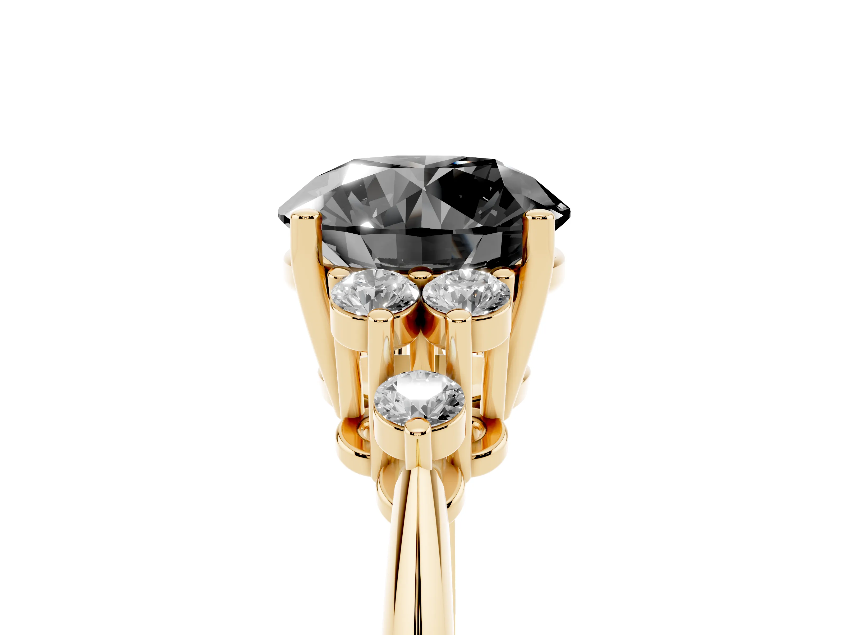 Fancy Black Round Cut Diamond Cluster Ring Set in Yellow gold with Plain Band and Prong Setting