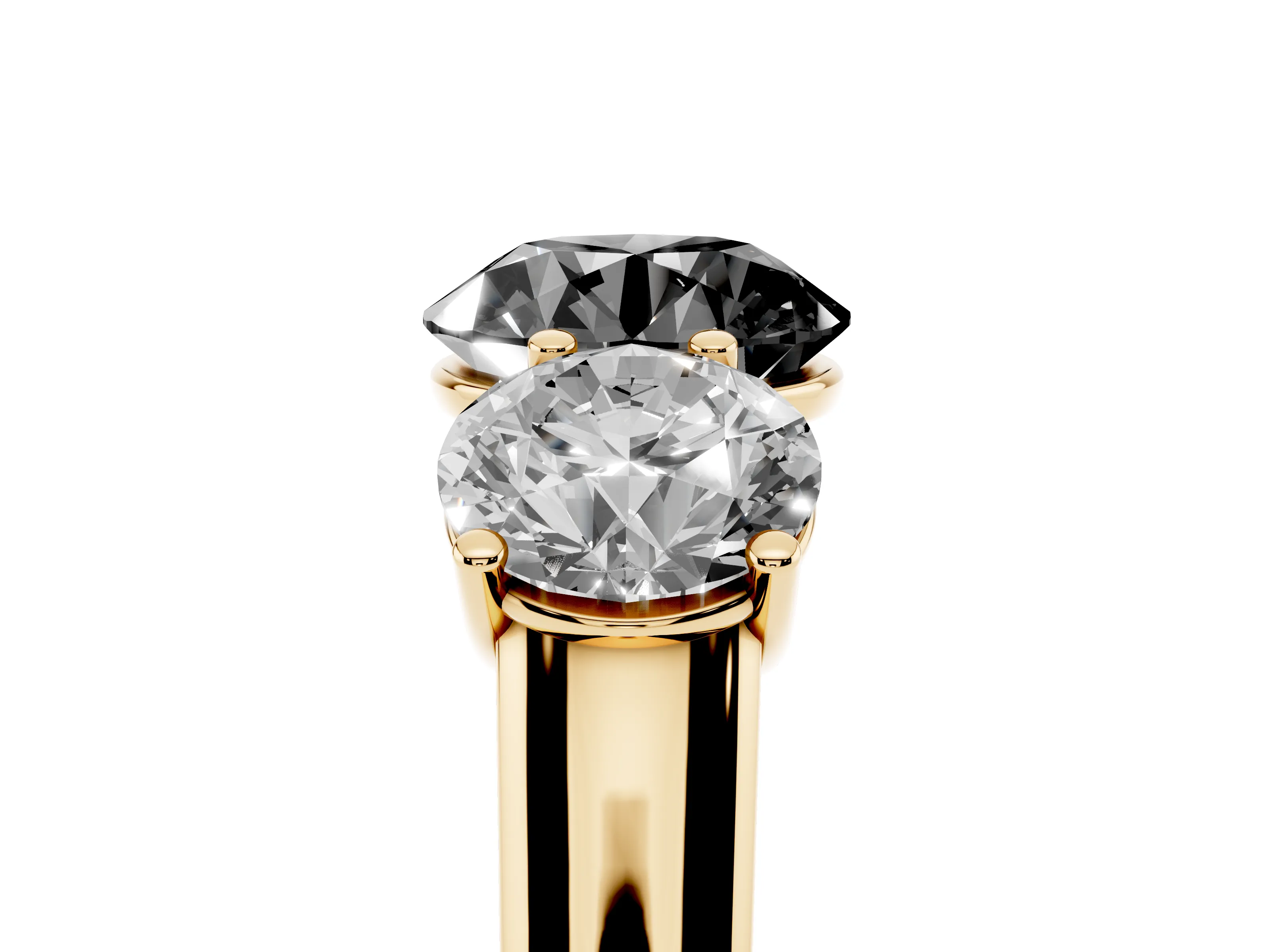 Fancy Black Round Cut Diamond Three-Stone Ring Set in Yellow gold with Plain Polished Band