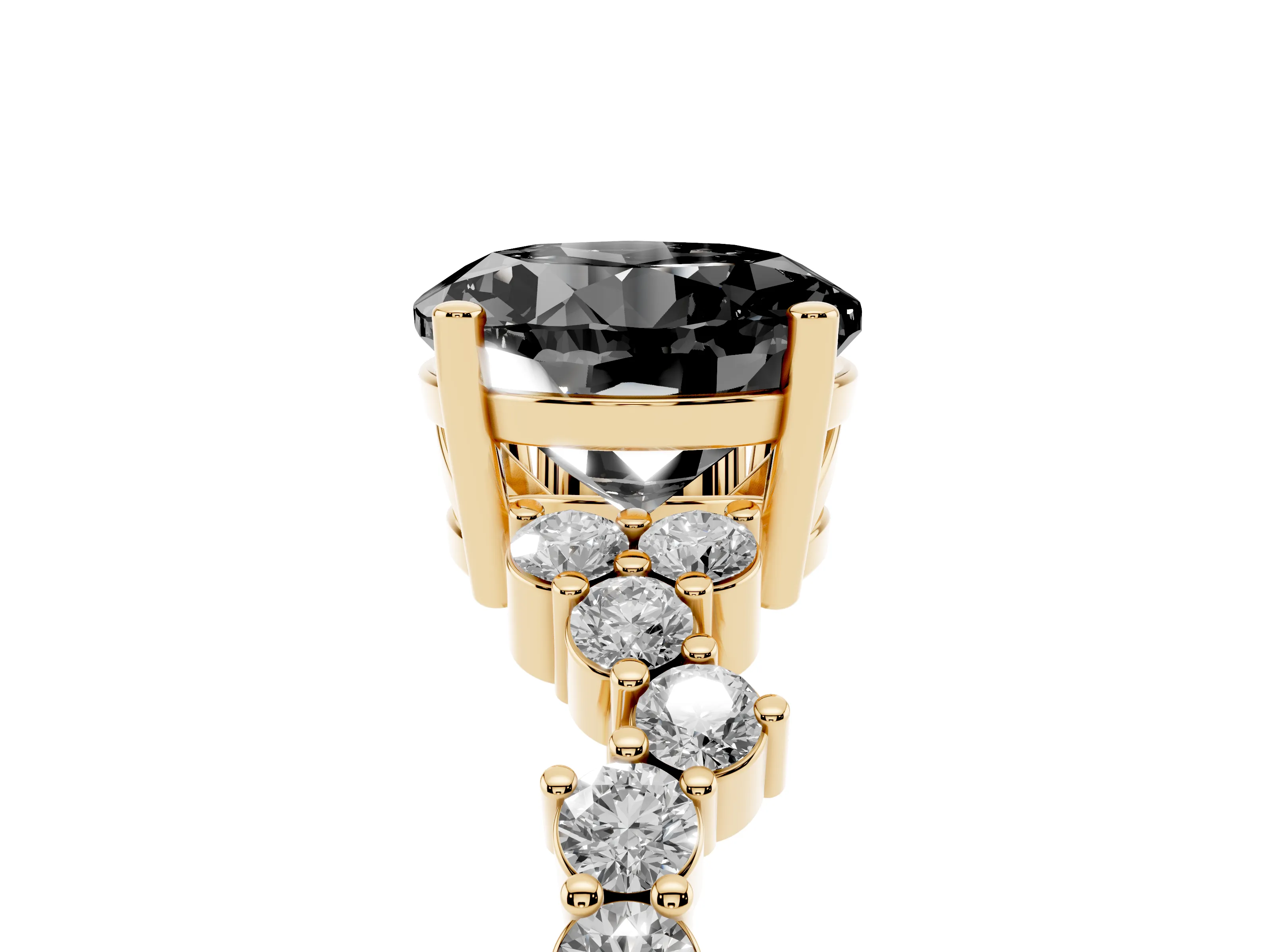 Fancy Black Round Cut Diamond Ring Set in Yellow gold with Scattered Round Accents