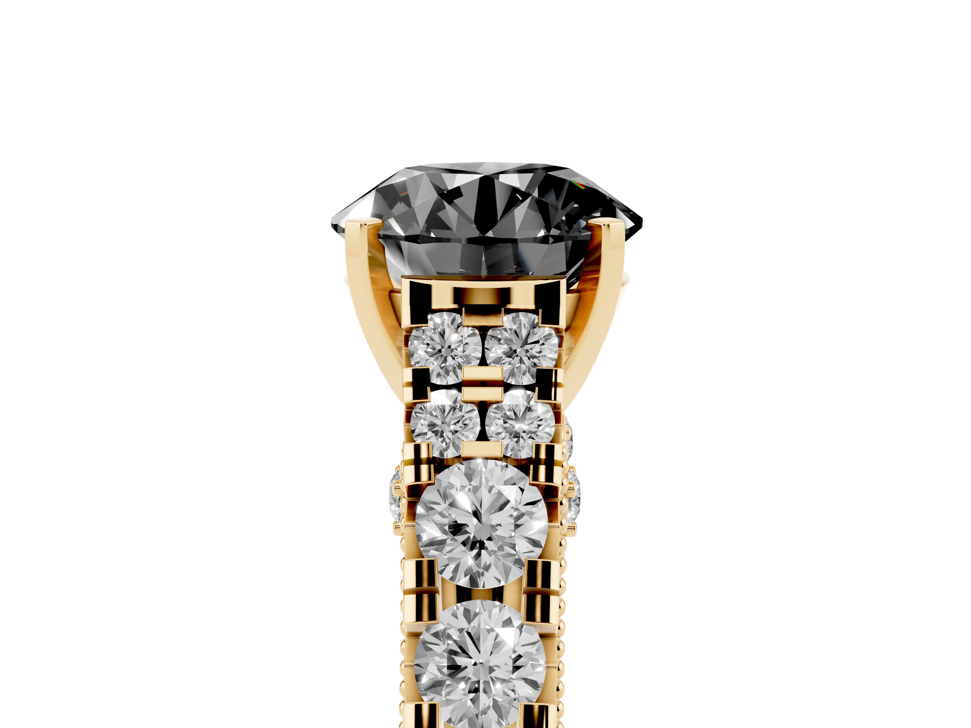 Fancy Black Round Cut Diamond Classic Solitaire Ring Set in Yellow gold with Pavé Band and Prong Setting