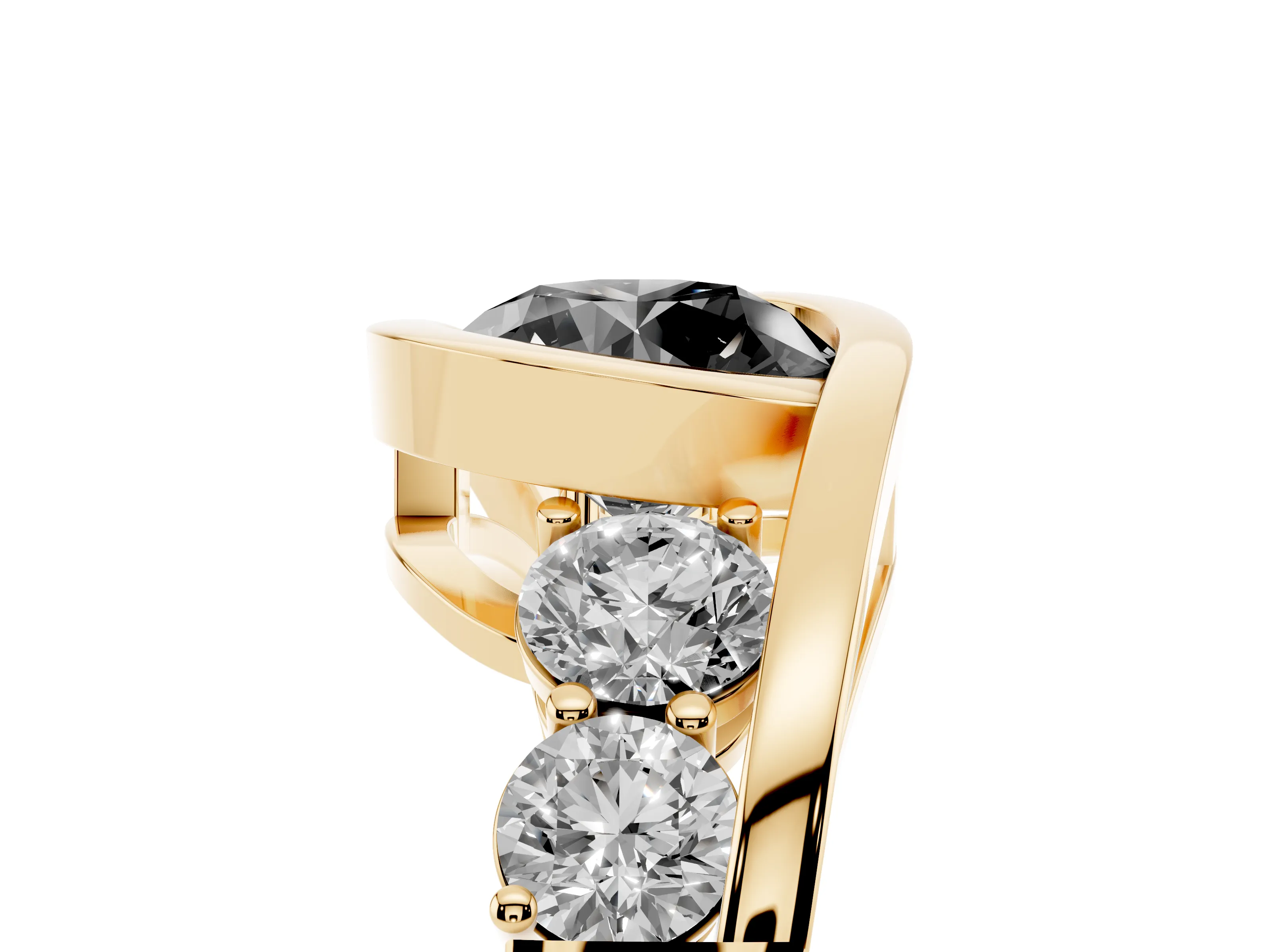 Fancy Black Round Cut Diamond Bezel Bypass Ring Set in Yellow gold with Round Accents