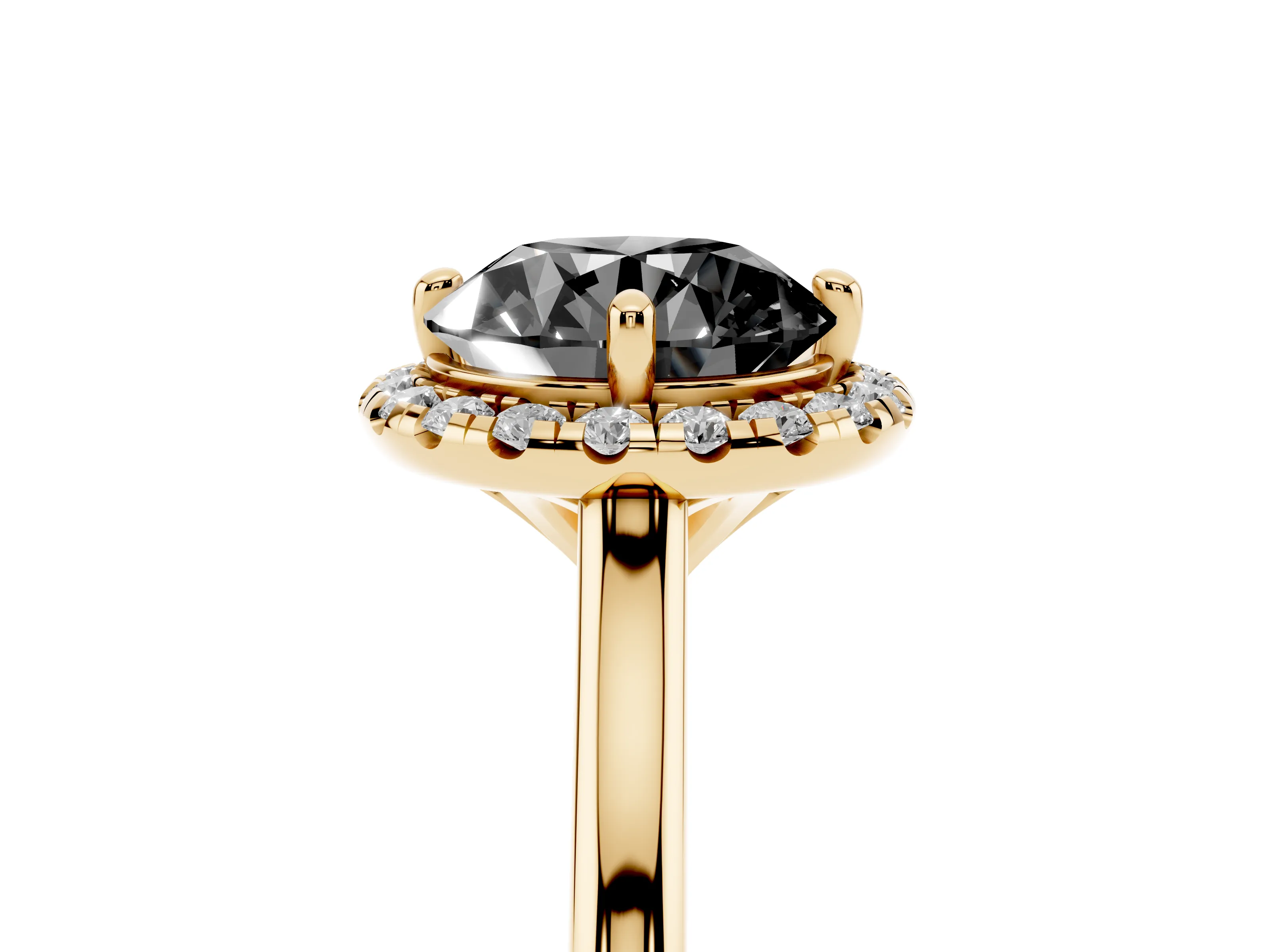 Fancy Black Round Cut Diamond Halo Engagement Ring Set in Yellow gold with Pavé Band and Rising Shoulders