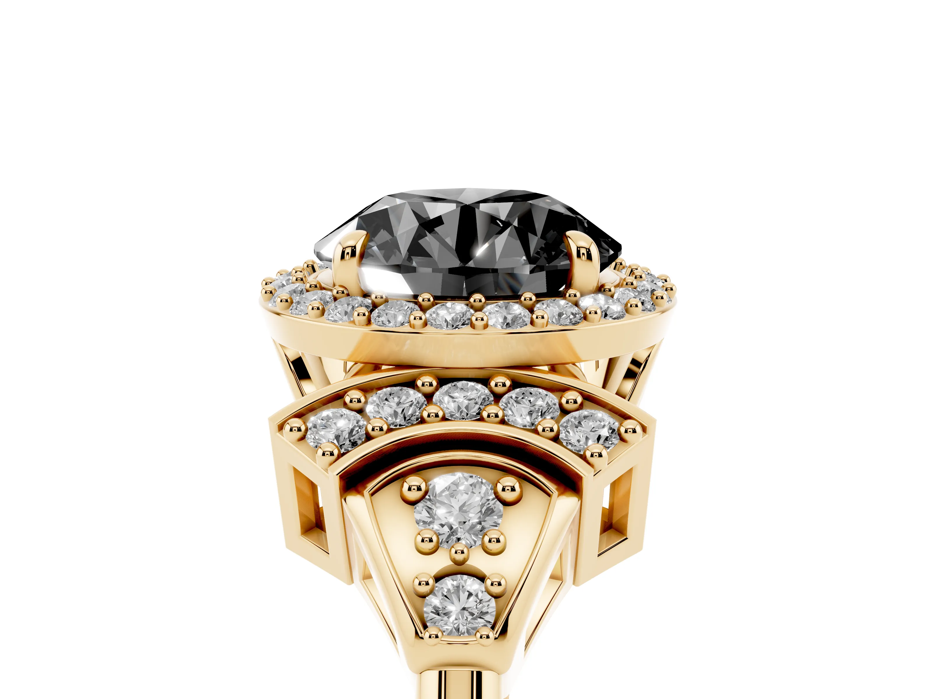 Fancy Black Round Cut Diamond Halo Engagement Ring Set in Yellow gold with Accent Stone Split Shank