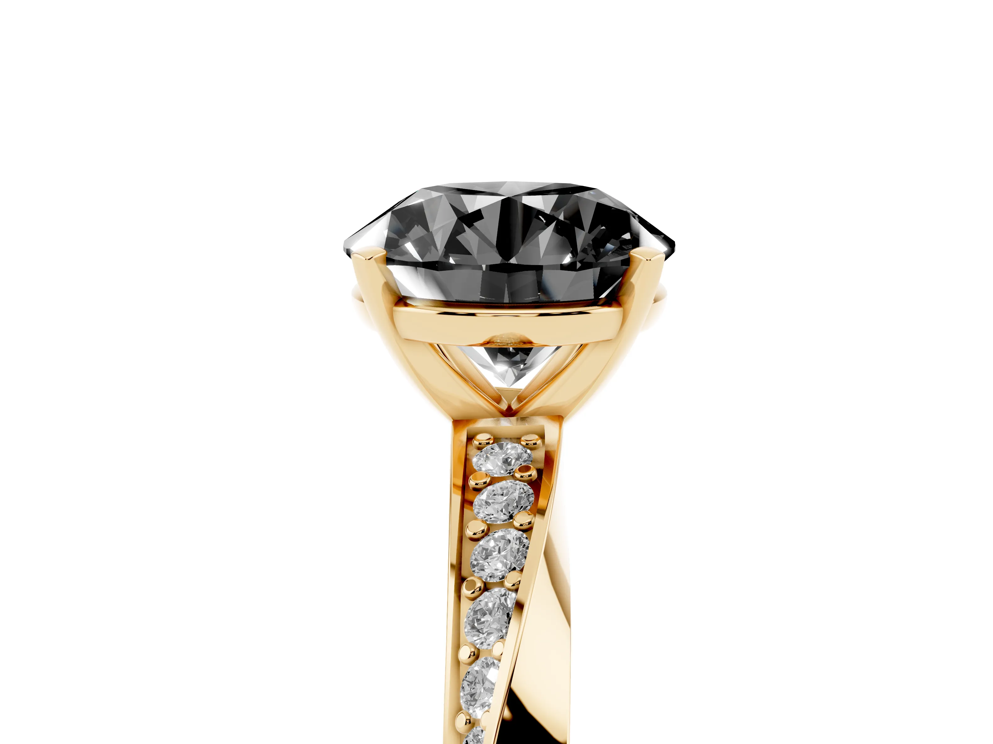 Fancy Black Round Cut Diamond Engagement Ring Set in Yellow gold with Side Stone Accents and Prong Setting