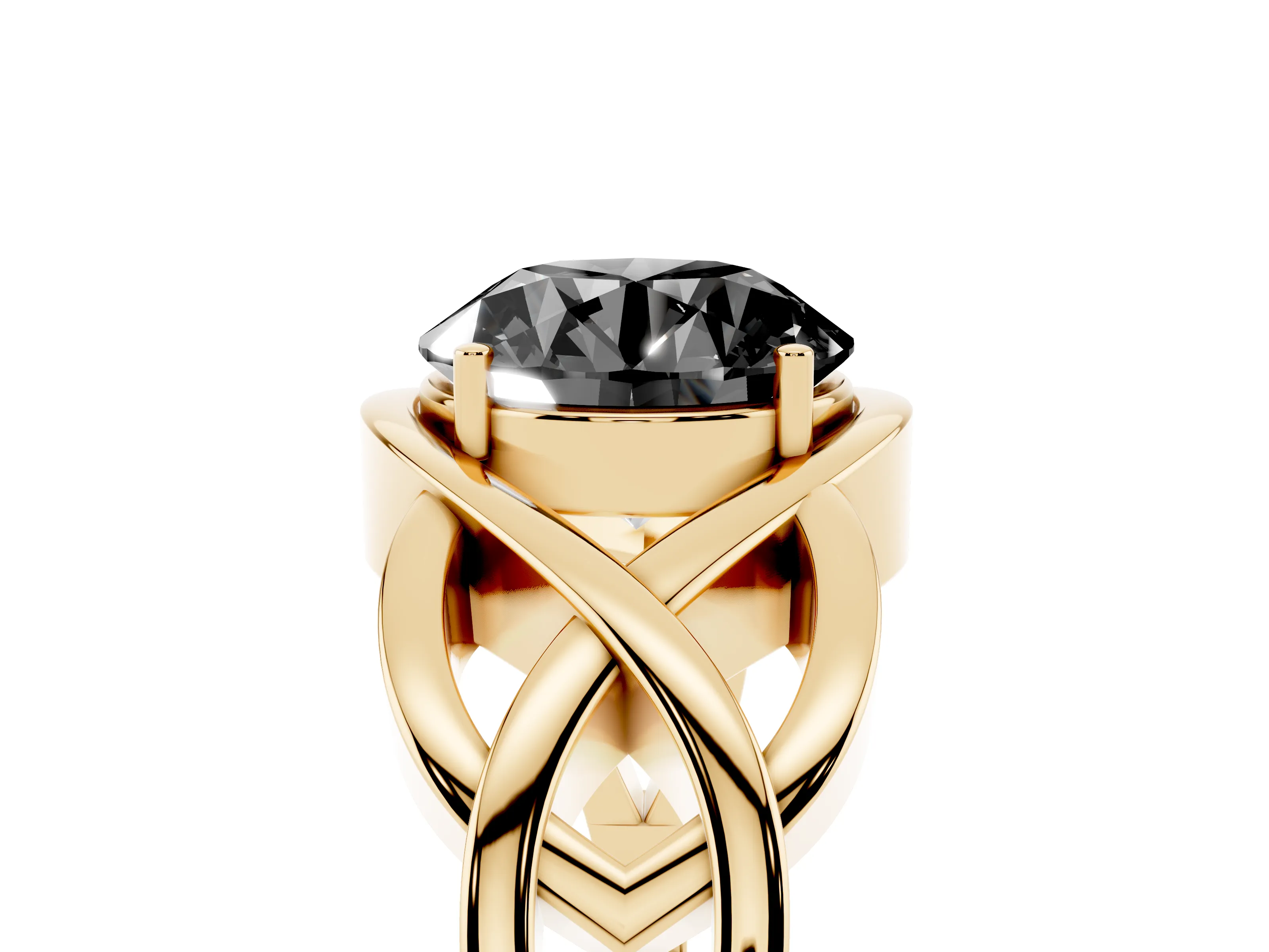 Fancy Black Round Cut Diamond Solitaire Ring Set in Yellow gold with Intertwined Band