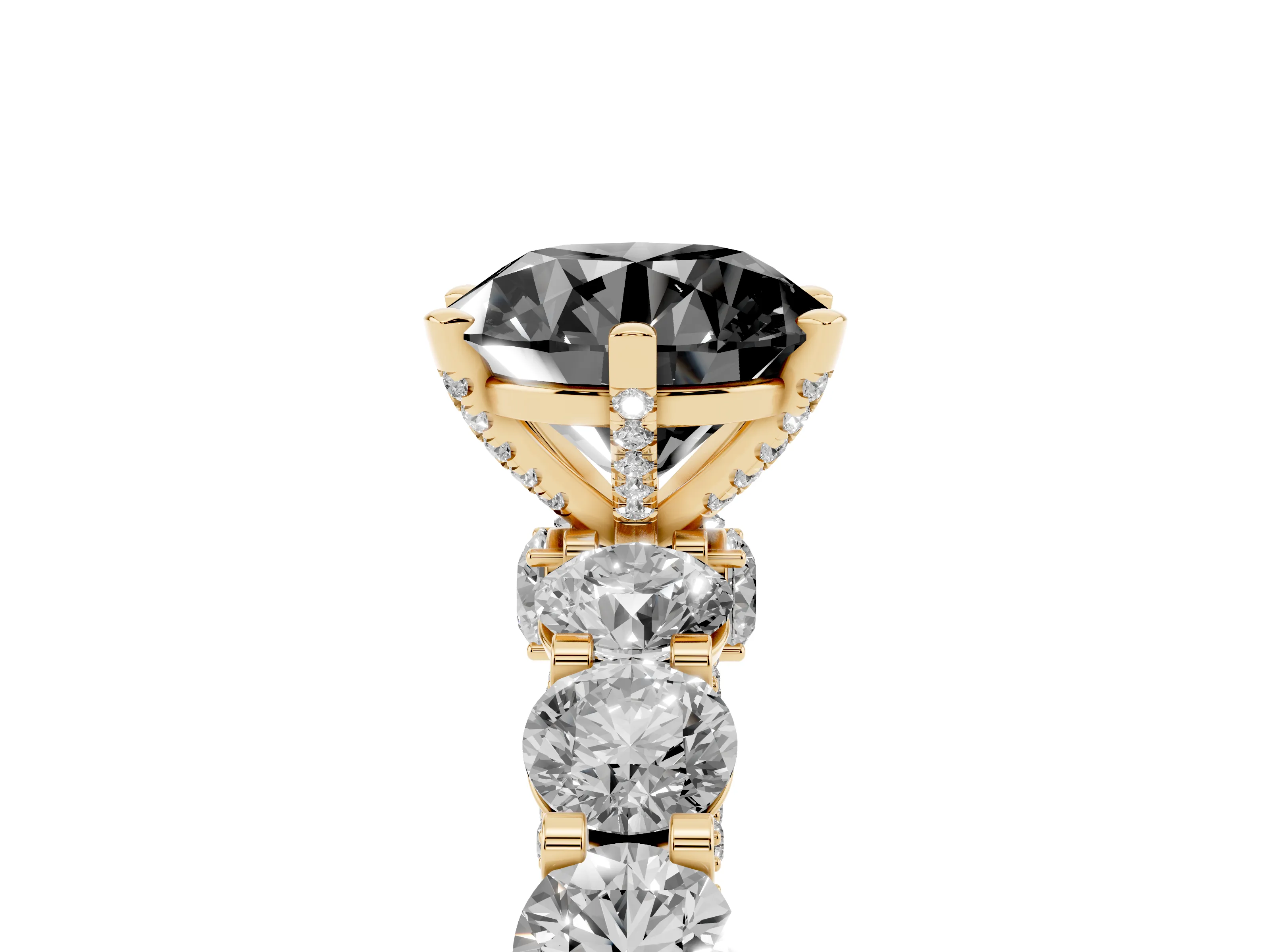 Fancy Black Round Cut Diamond Side Stone Ring Set in Yellow gold with Alternating Round and Oval Side Stones