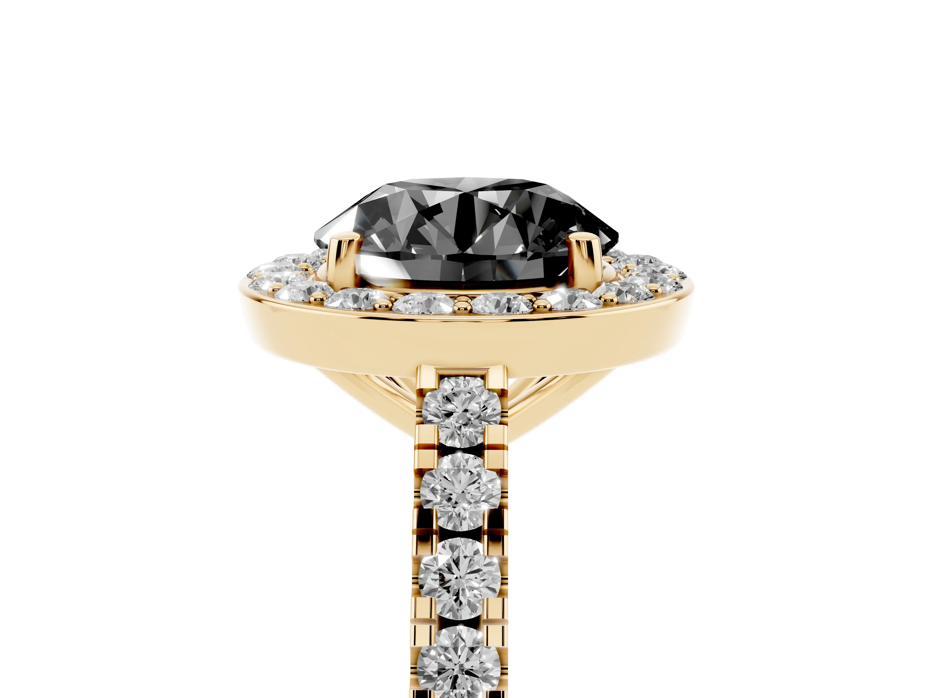 Fancy Black Round Cut Diamond Halo Ring Set in Yellow gold with Round Pavé Split Shank and Prong Setting