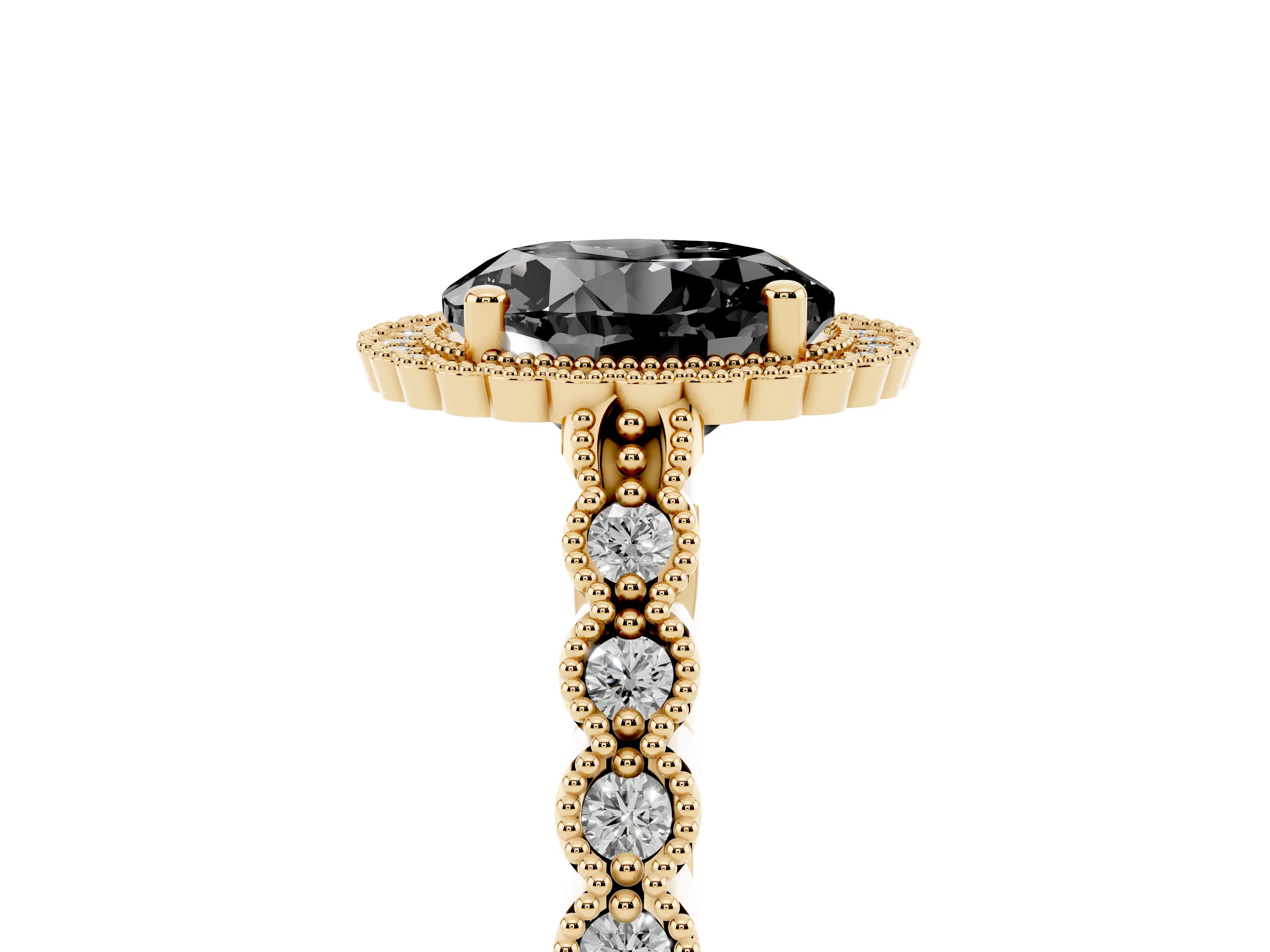 Fancy Black Round Cut Diamond Halo Ring Set in Yellow gold with Pavé Milgrain Band