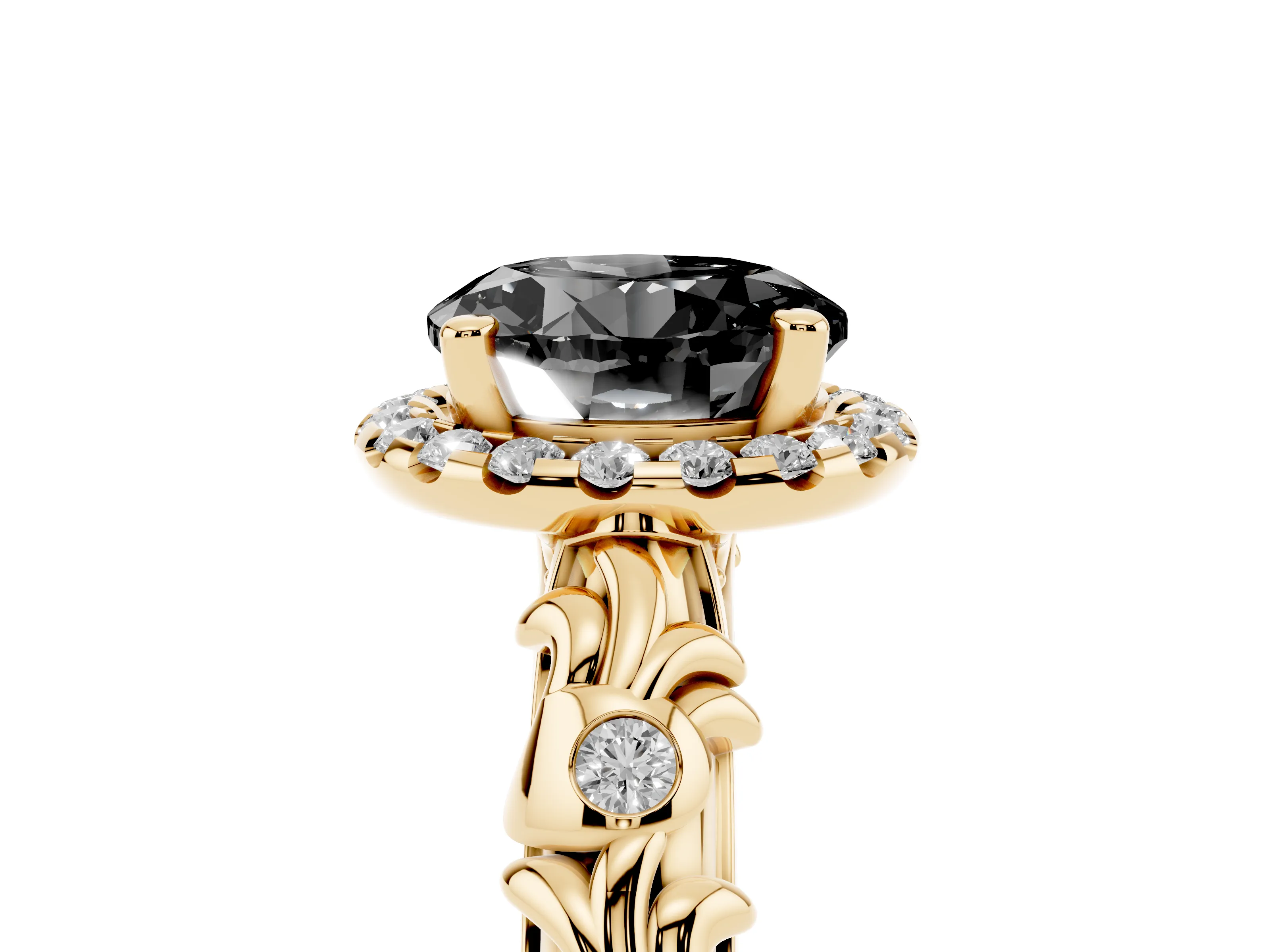 Fancy Black Round Cut Diamond Halo Ring Set in Yellow gold with Filigree Leaf Band and Prong Setting