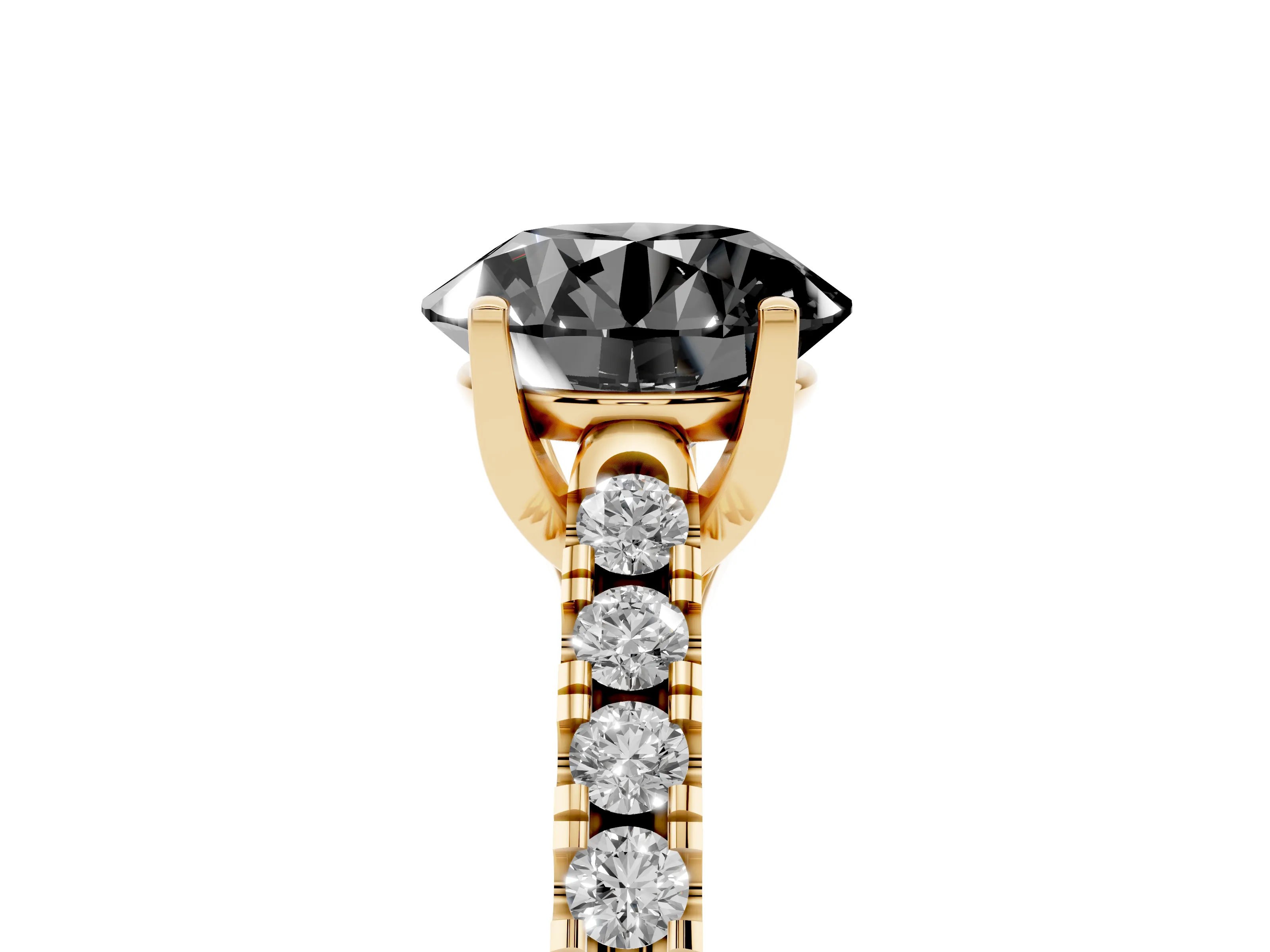 Fancy Black Round Cut Diamond Pavé Band Solitaire Ring Set in Yellow gold with Partway Accent Stones and Prong Setting