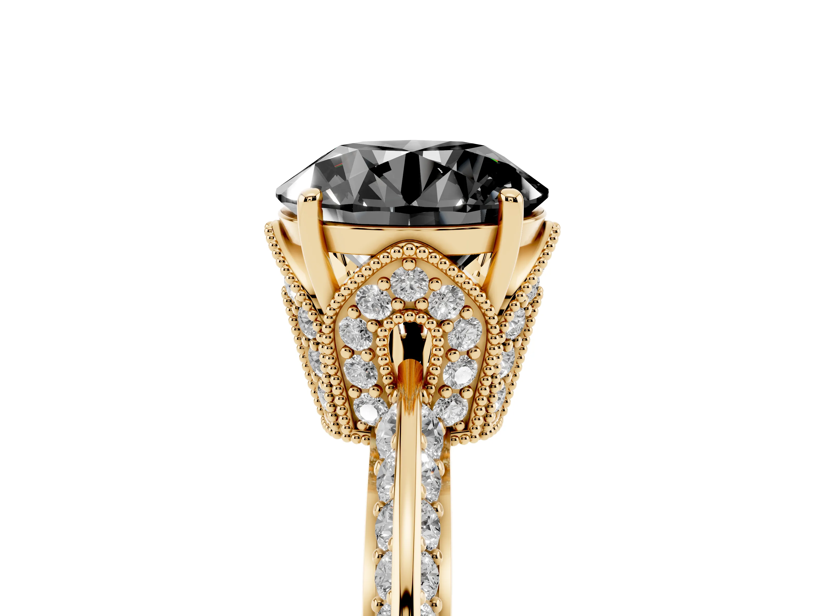 Fancy Black Round Cut Diamond Solitaire Engagement Ring Set in Yellow gold with Pavé Split Shank and Prong Setting
