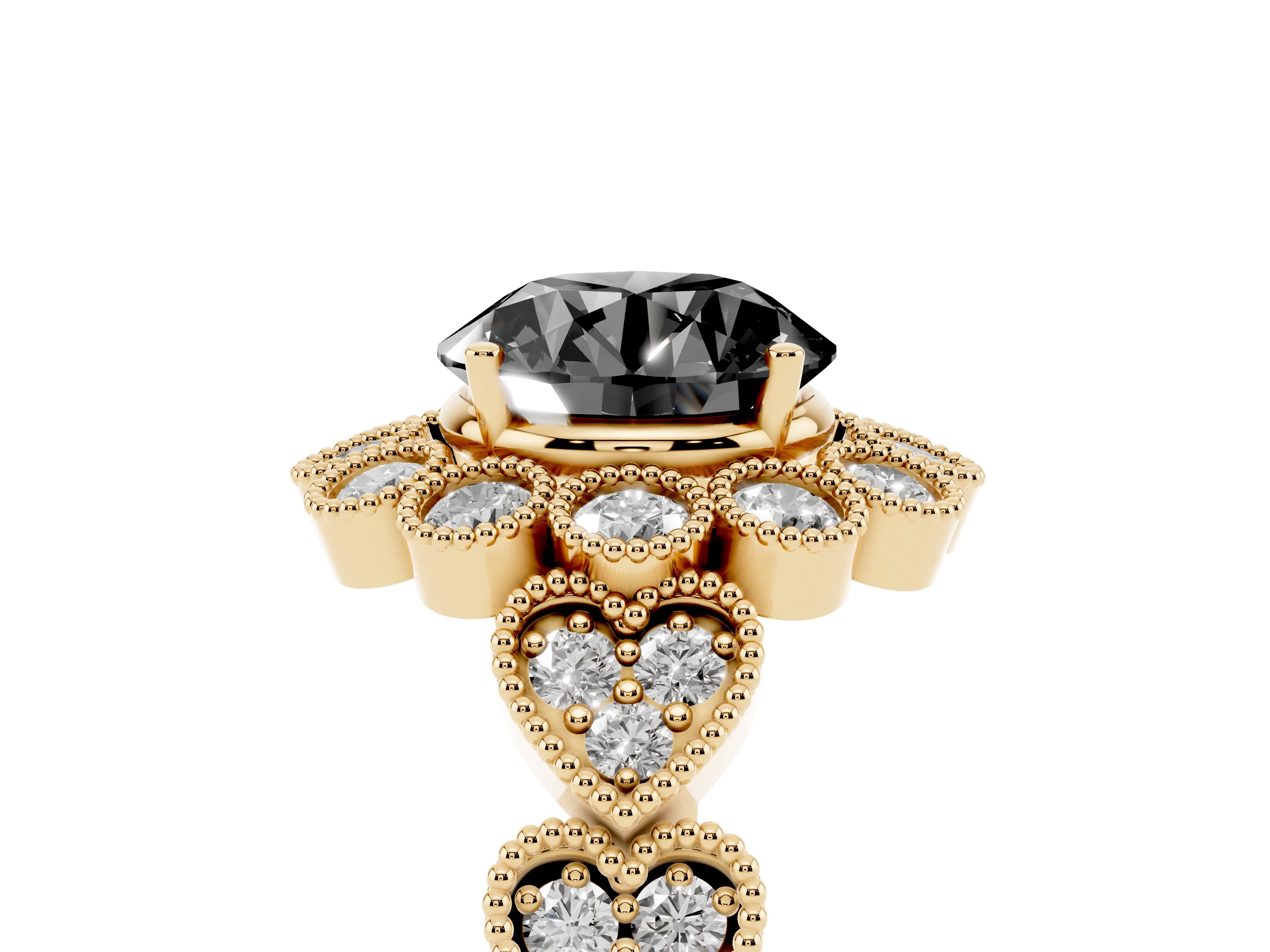 Fancy Black Round Cut Diamond Solitaire Ring Set in Yellow gold with Milgrain Pavé Heart Band