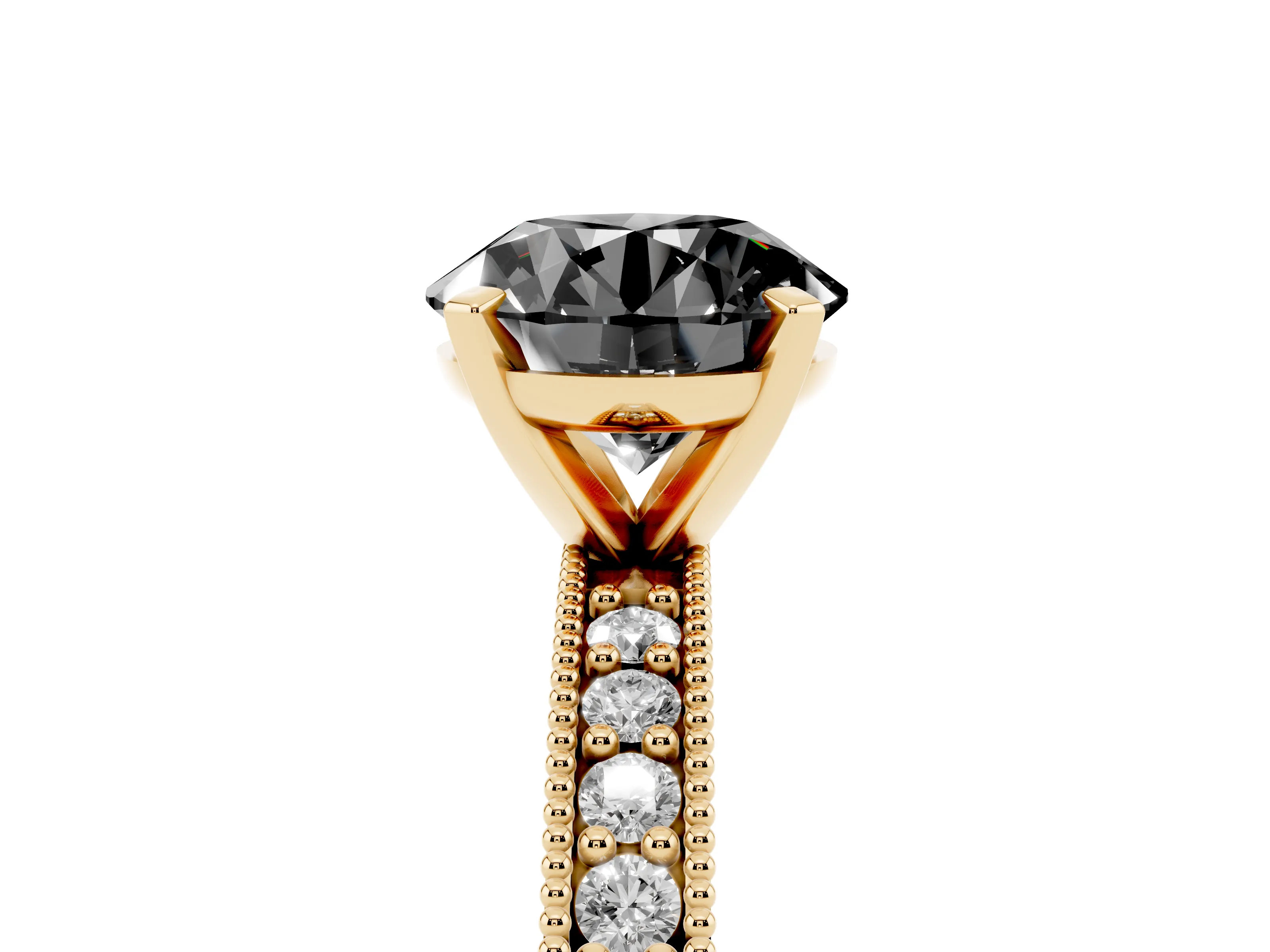 Fancy Black Round Cut Diamond Milgrain Pavé Engagement Ring Set in Yellow gold with Prong Setting