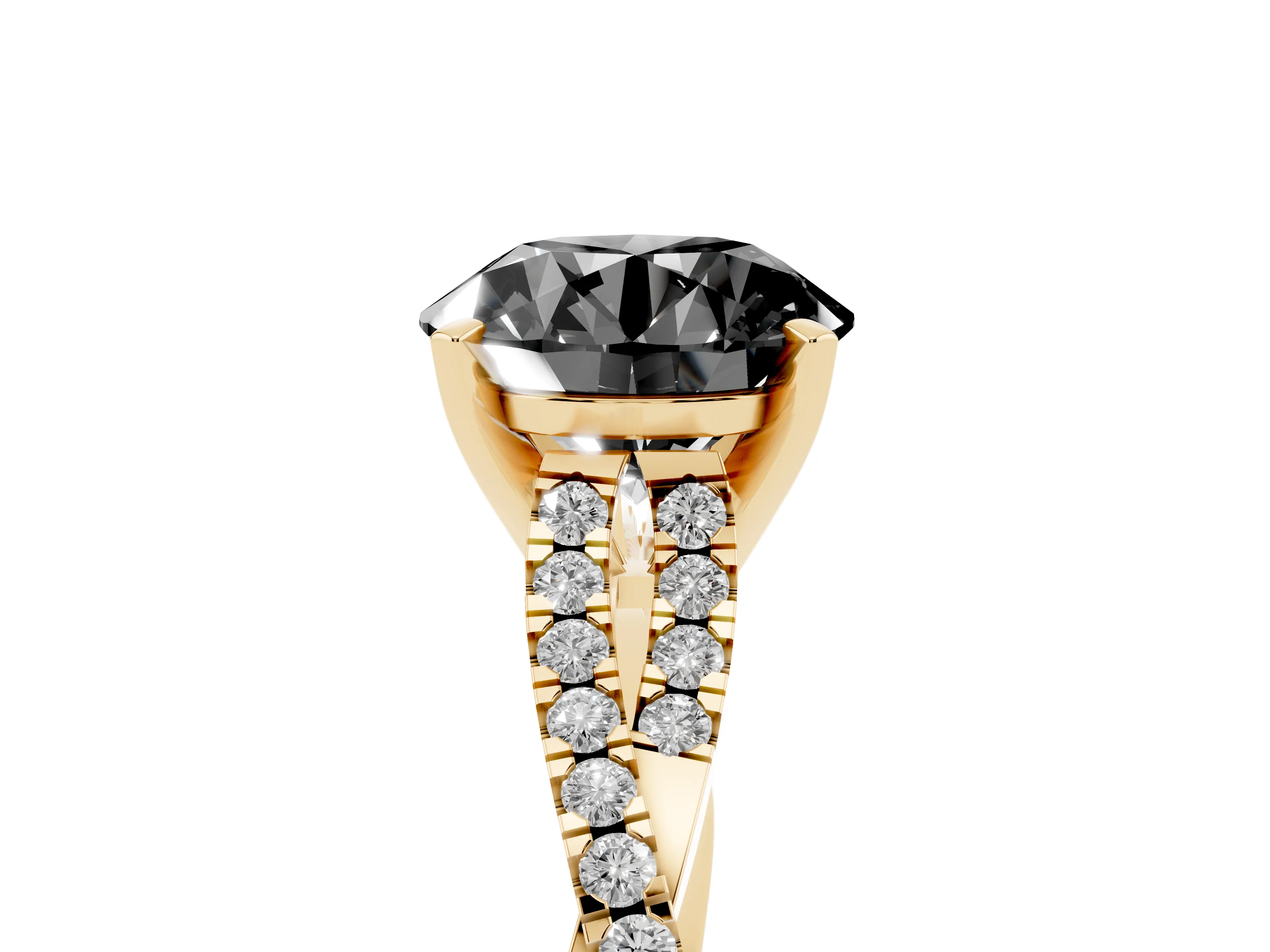 Fancy Black Round Cut Diamond Solitaire Engagement Ring Set in Yellow gold with Twisted Pavé Band and Prong Setting
