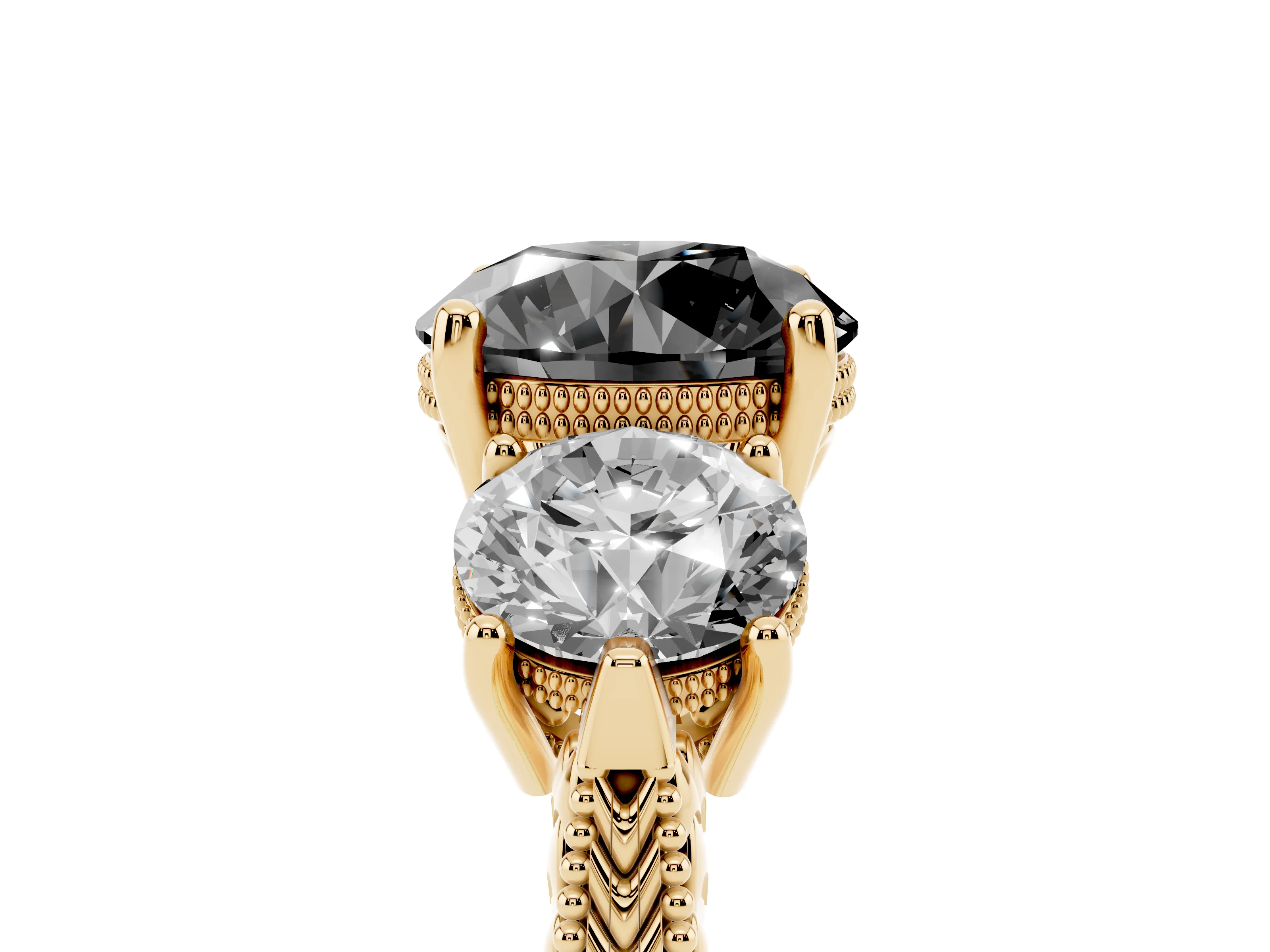 Fancy Black Round Cut Diamond Three-Stone Ring Set in Yellow gold with Milgrain Band