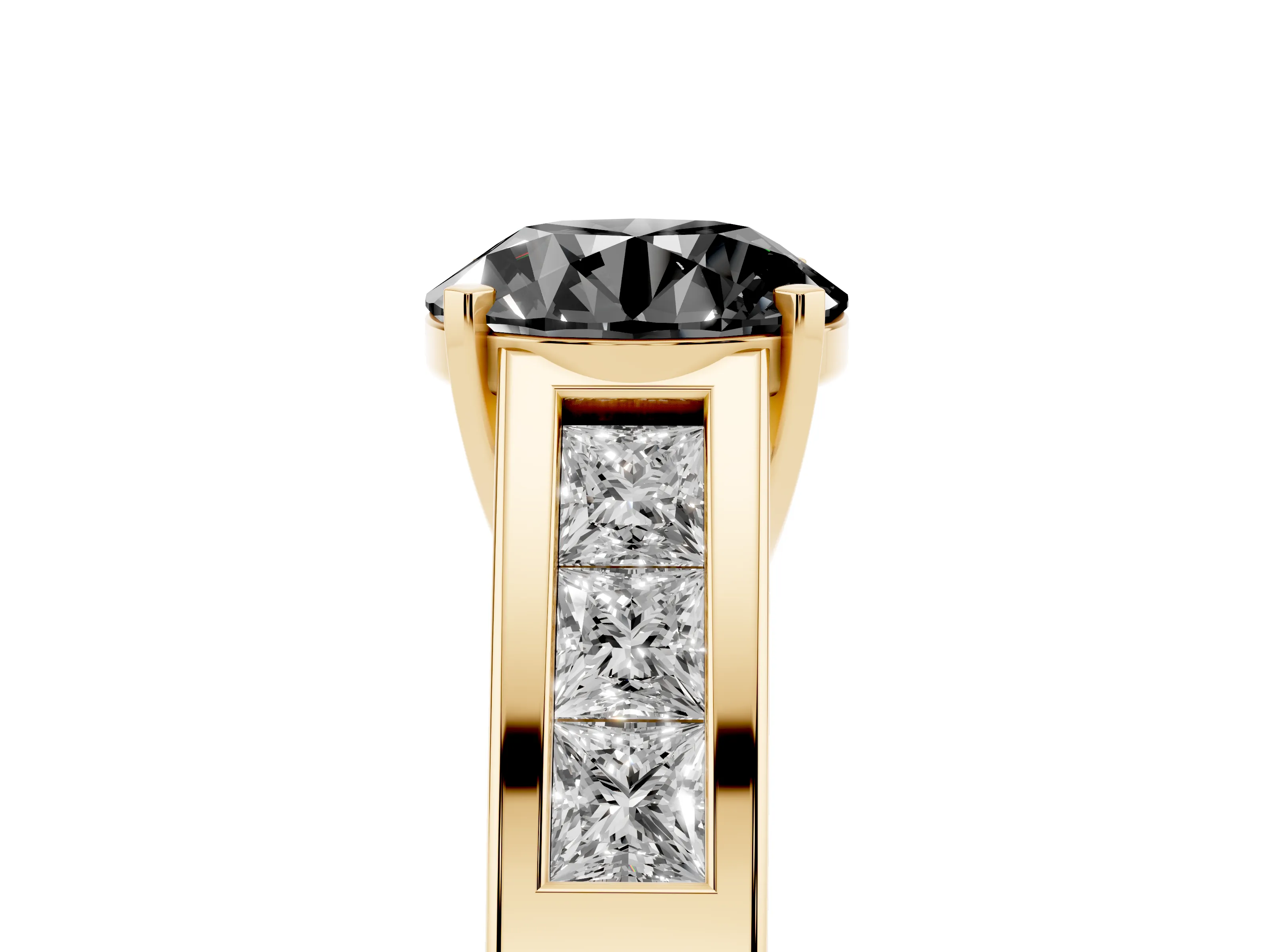 Fancy Black Round Cut Diamond Solitaire Ring Set in Yellow gold with Channel-Set Accent Stones and Prong Setting