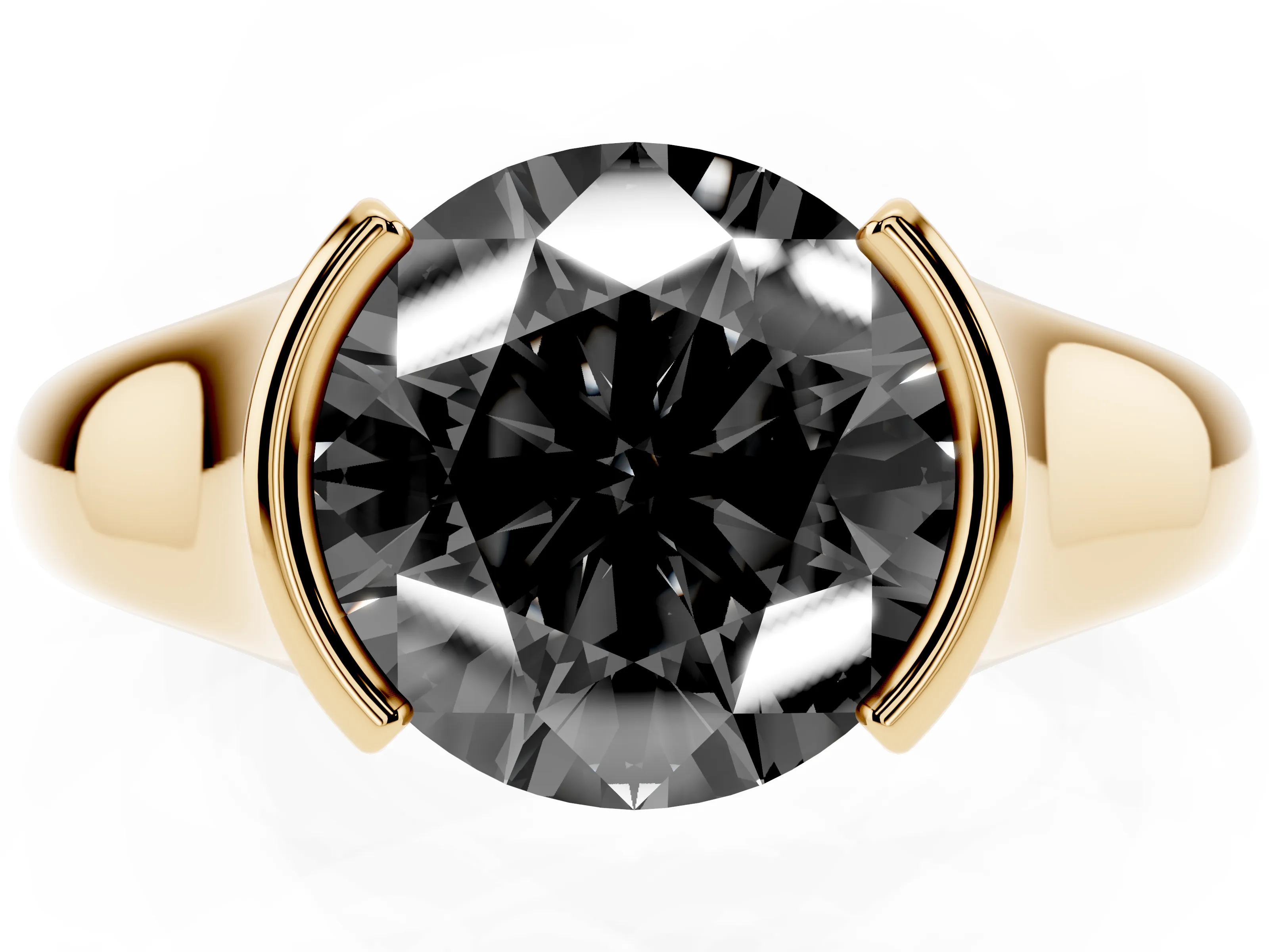 Fancy Black Round Cut Diamond Solitaire Tension Set Ring Set in Yellow gold with Split Shank Band
