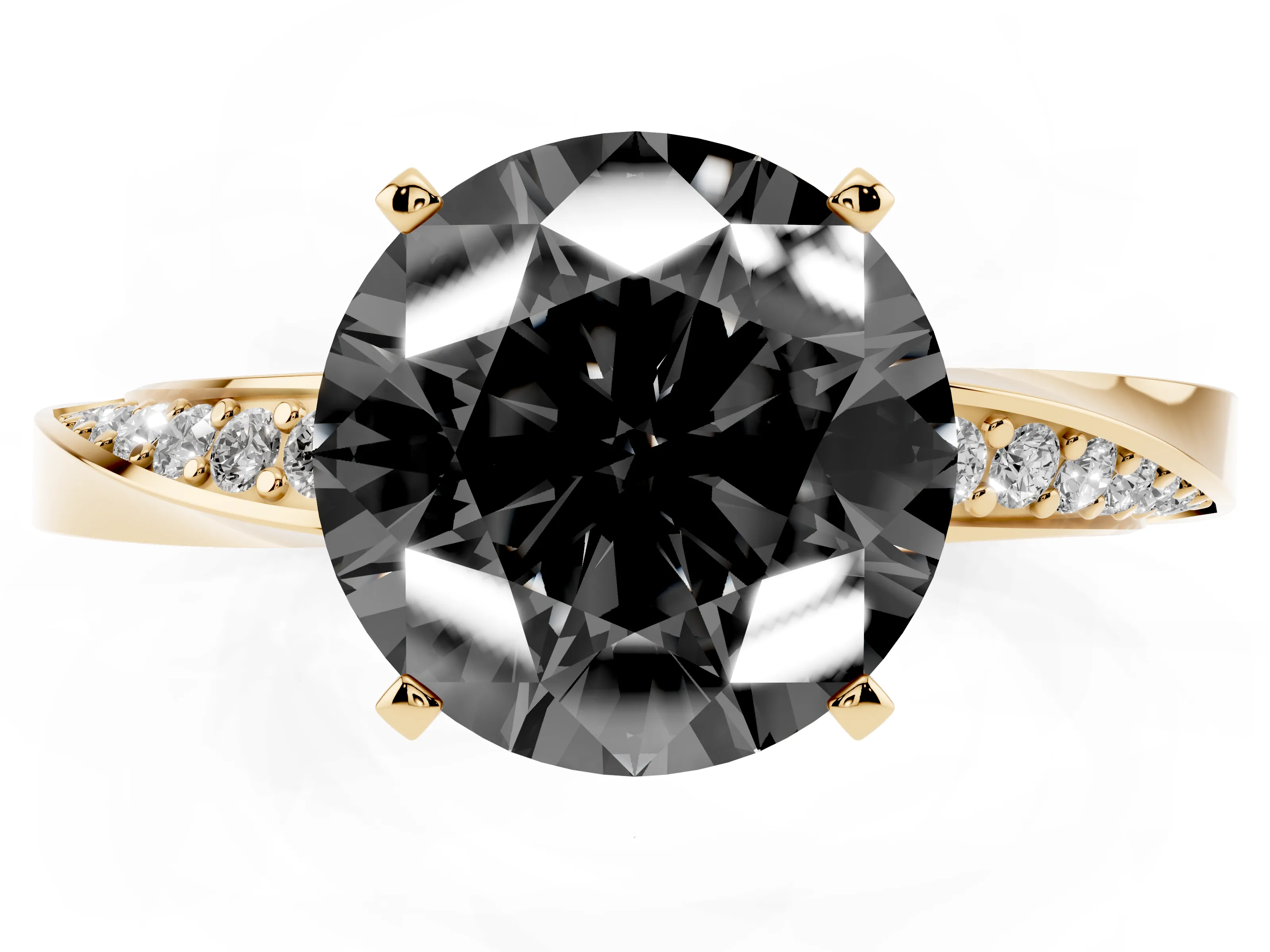 Fancy Black Round Cut Diamond Engagement Ring Set in Yellow gold with Side Stone Accents and Prong Setting