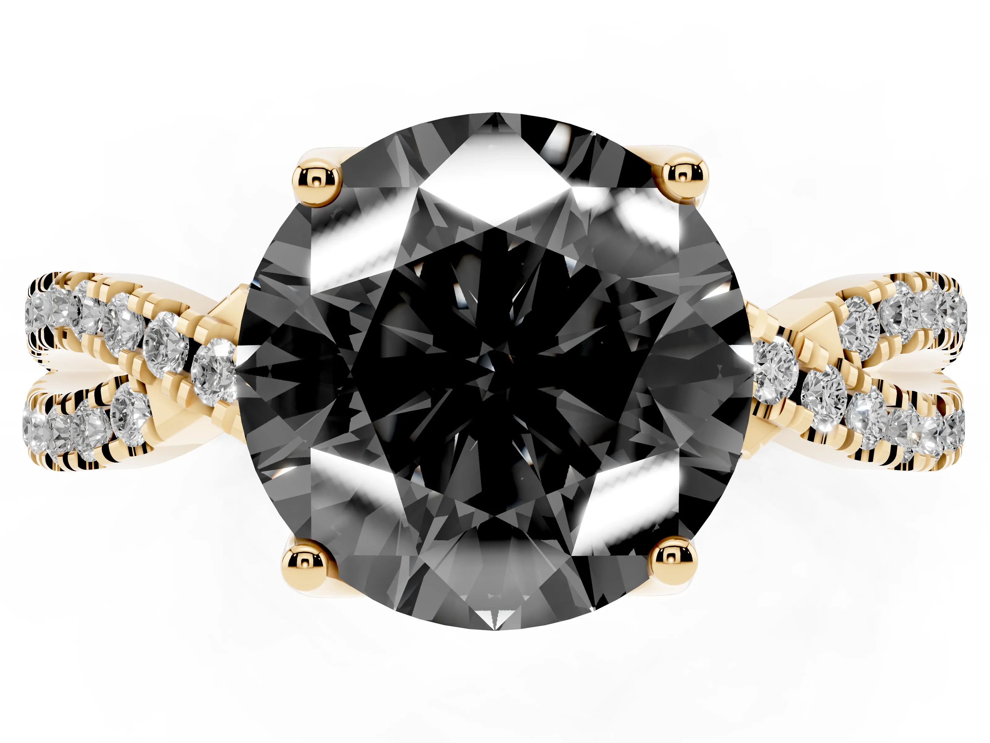 Fancy Black Round Cut Diamond Twist Pavé Solitaire Engagement Ring Set in Yellow gold with Prong Setting