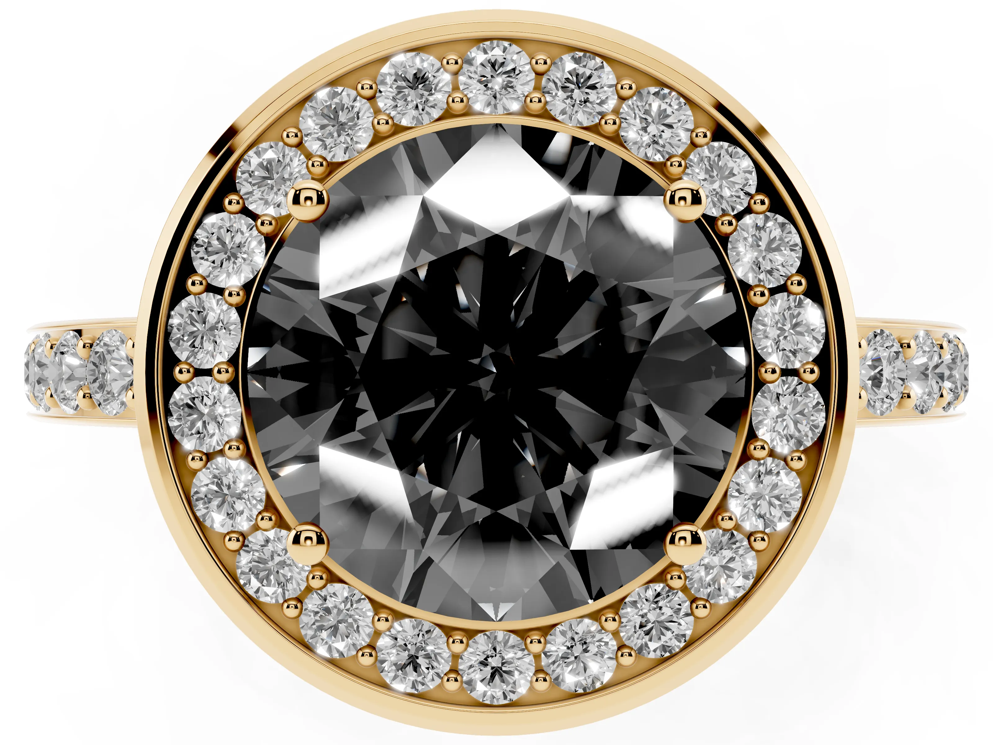 Fancy Black Round Cut Diamond Halo Ring Set in Yellow gold with Bezel Frame and Pavé Band
