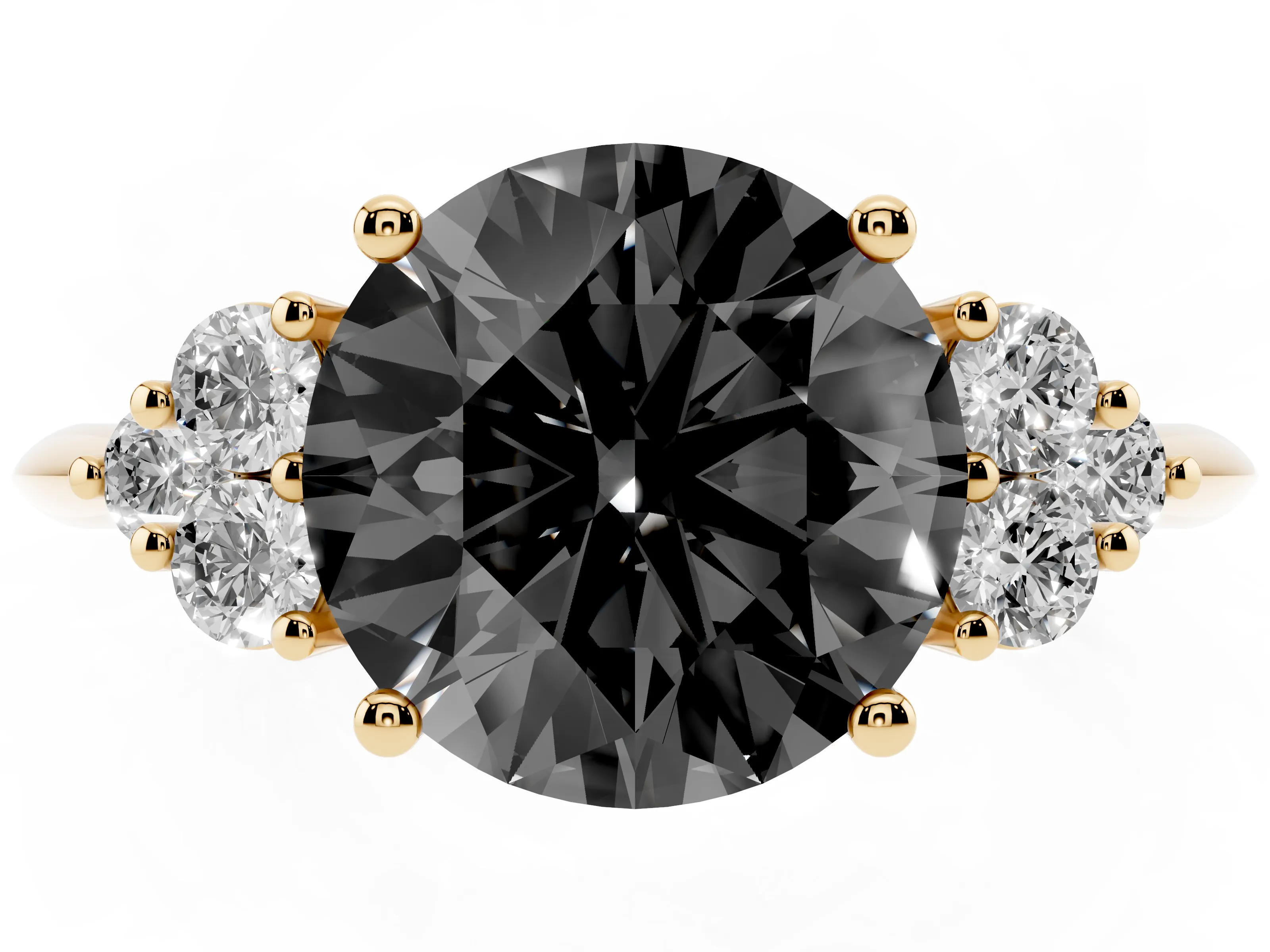 Fancy Black Round Cut Diamond Cluster Ring Set in Yellow gold with Plain Band and Prong Setting
