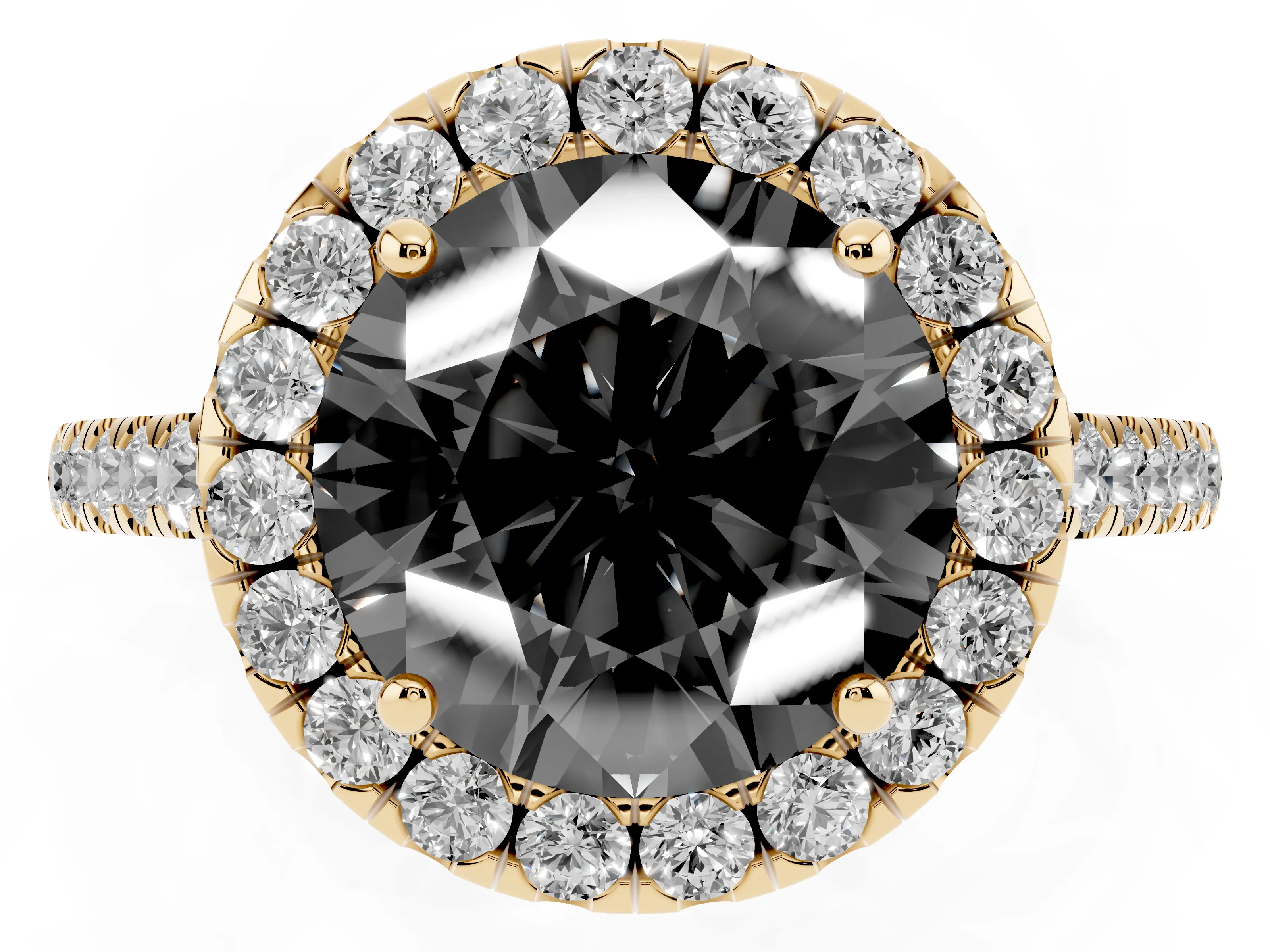 Fancy Black Round Cut Diamond Halo Pavé Engagement Ring Set in Yellow gold with Prong Setting