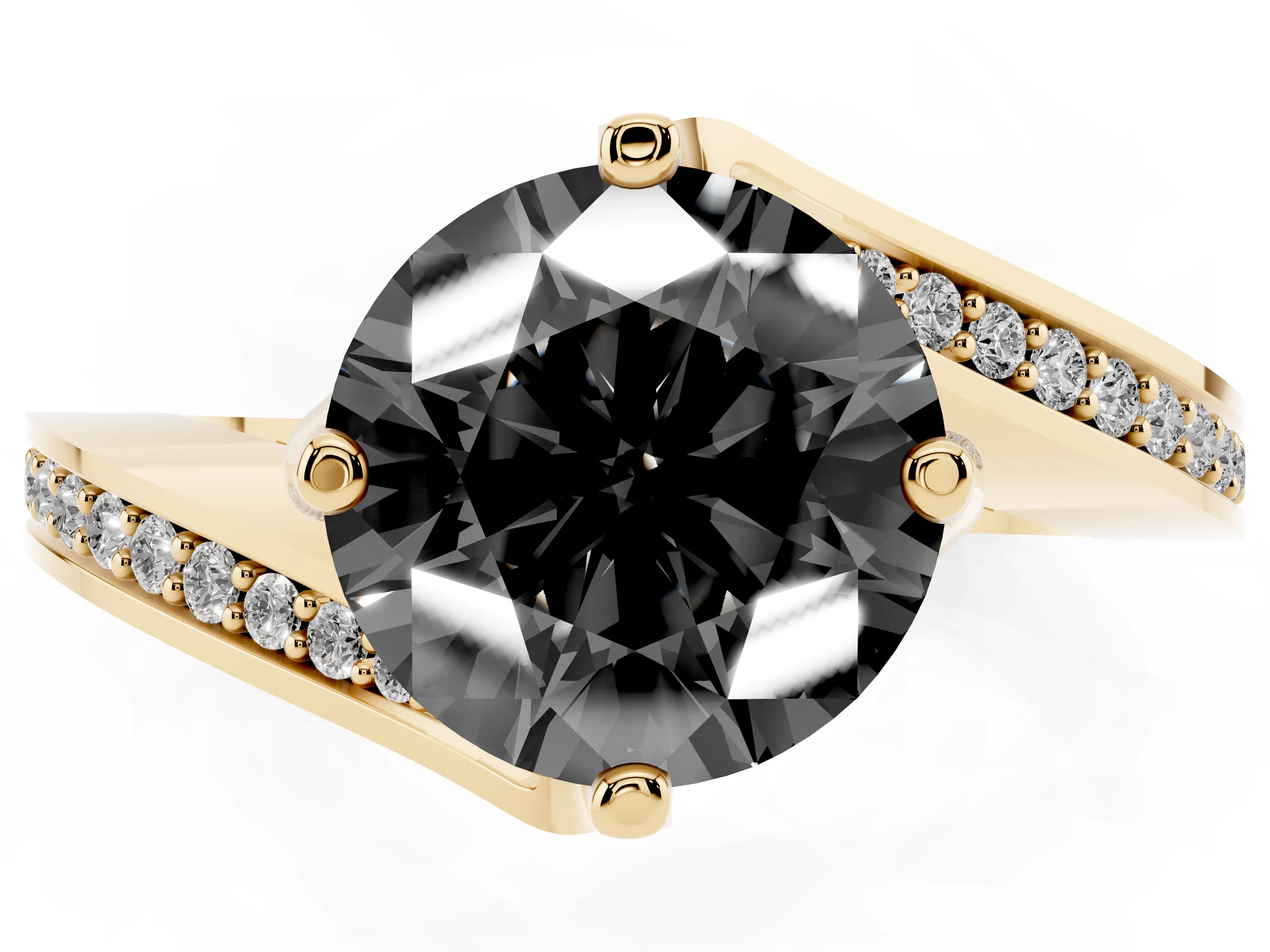 Fancy Black Round Cut Diamond Solitaire Ring Set in Yellow gold with Intertwined Pavé Twist Band