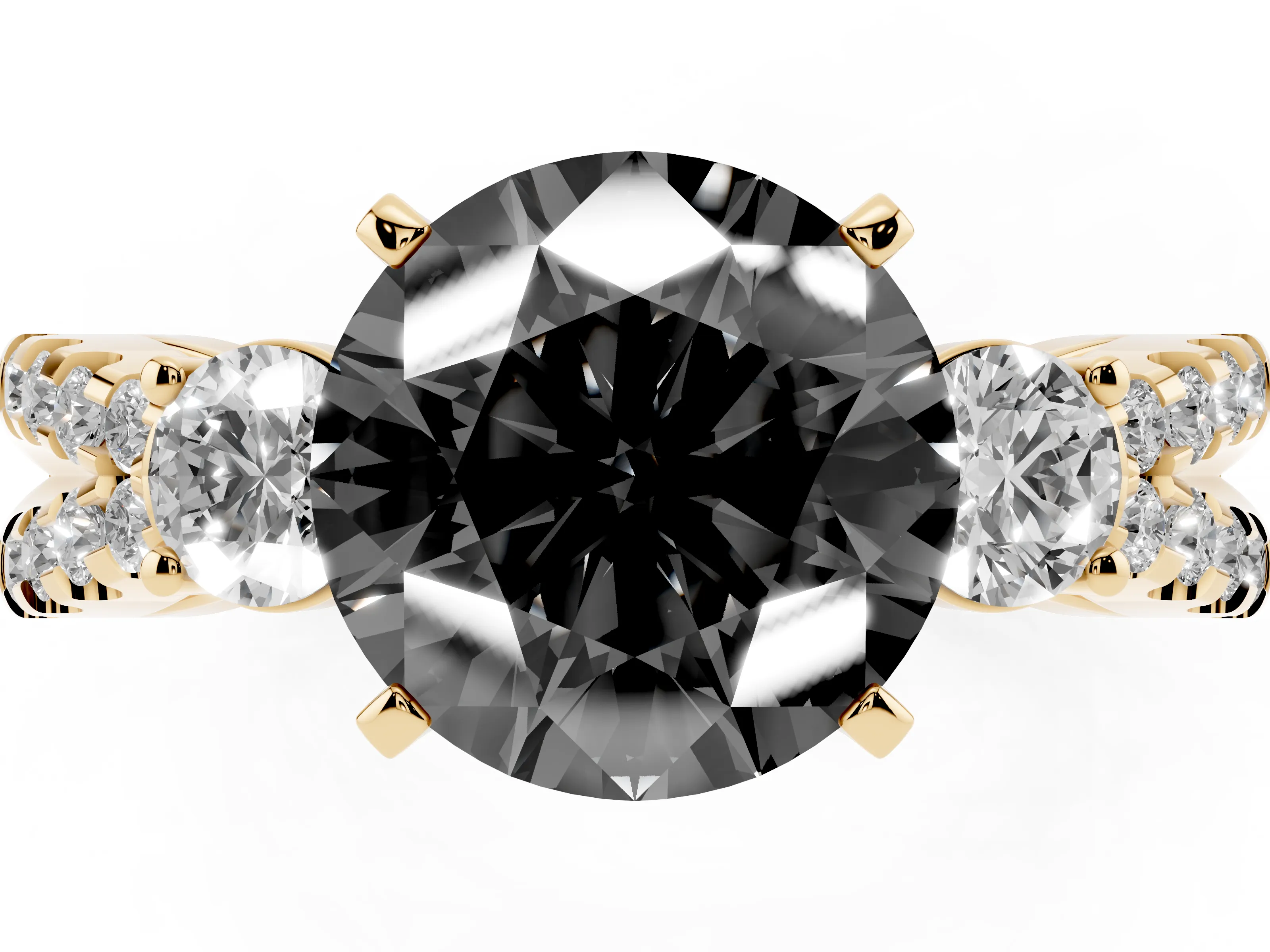 Fancy Black Round Cut Diamond Three-Stone Ring Set in Yellow gold with Pavé Split Shank and Prong Setting
