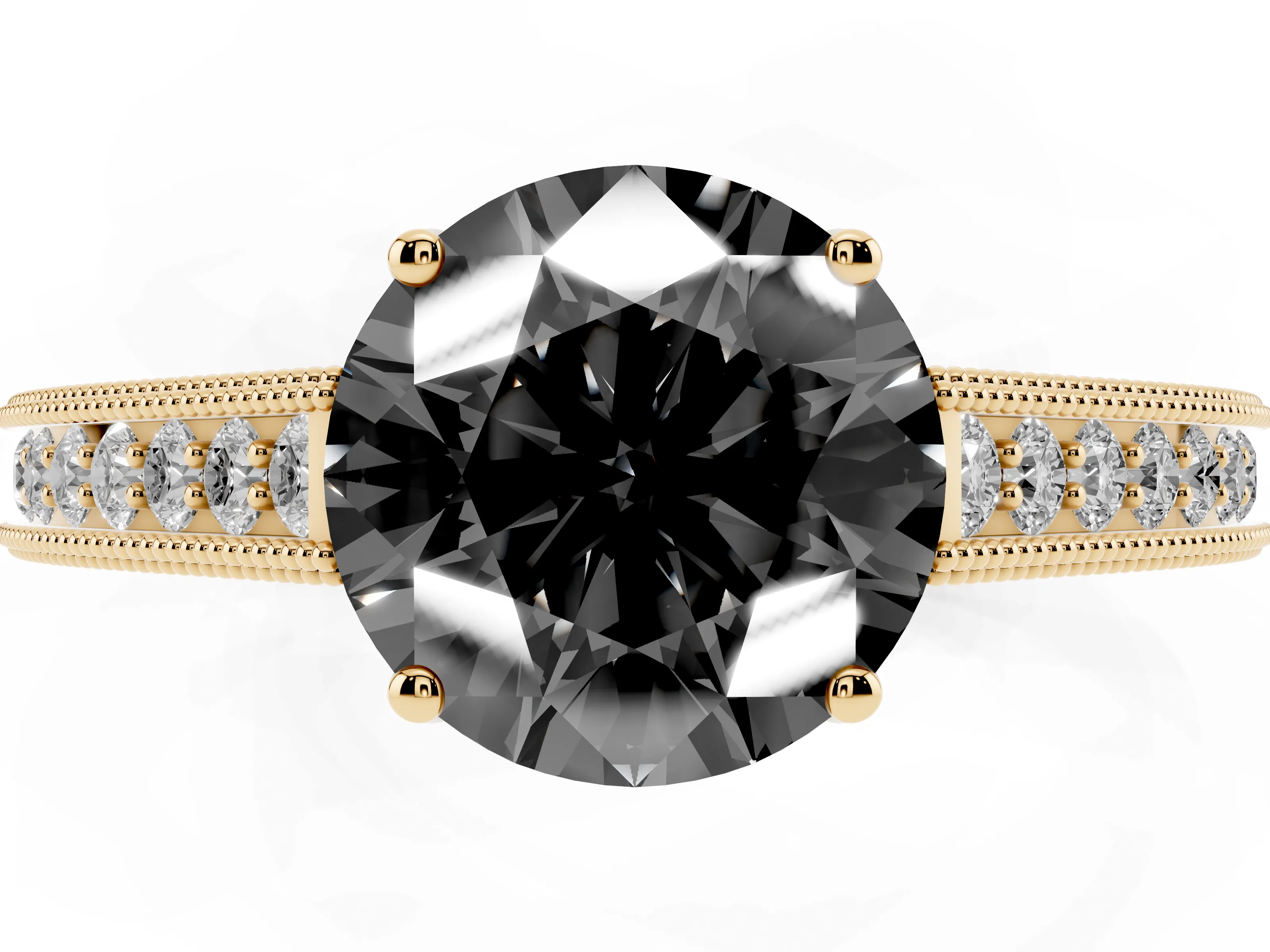 Fancy Black Round Cut Diamond Milgrain Pavé Band Solitaire Ring Set in Yellow gold with Prong Setting