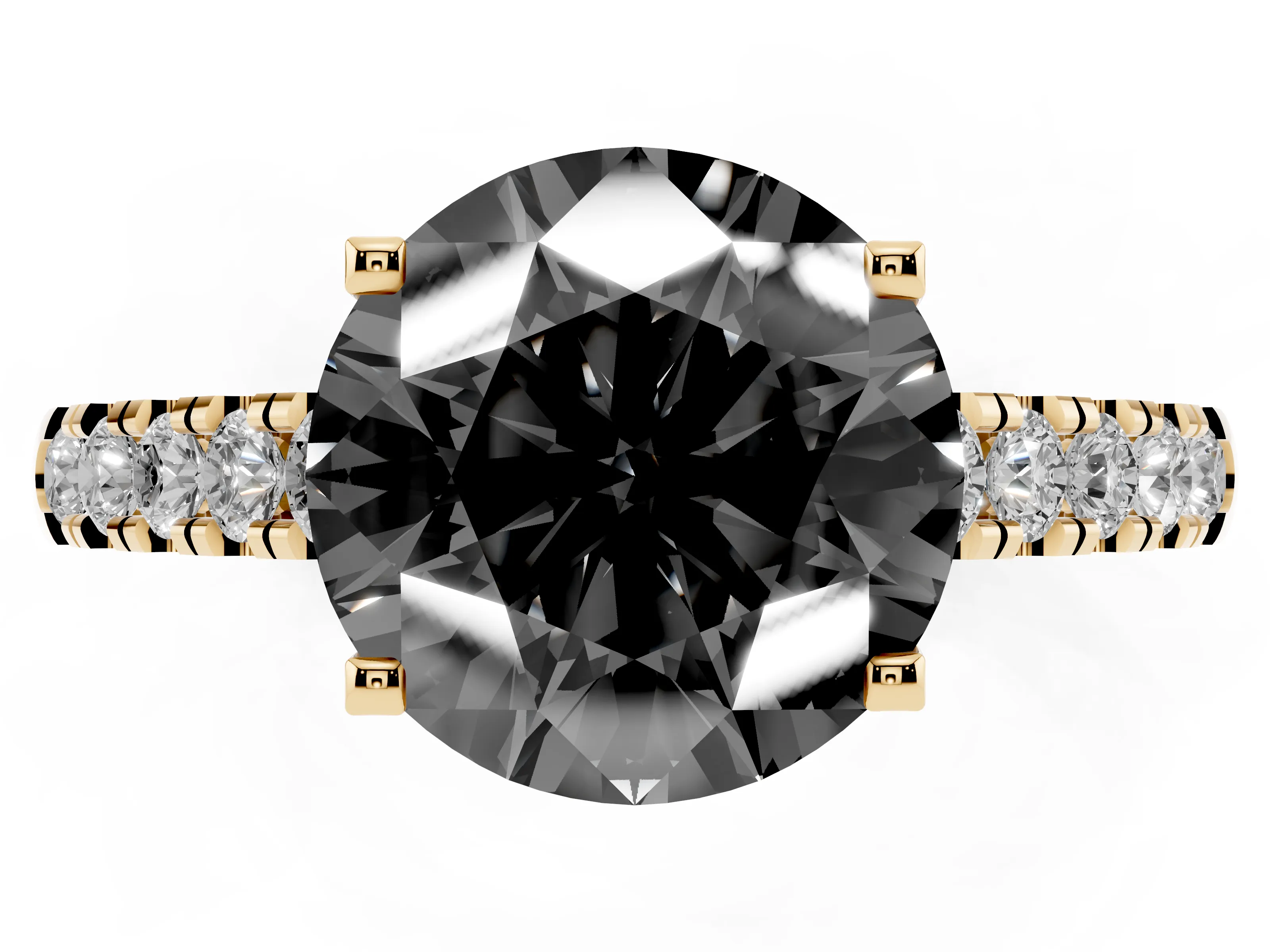 Fancy Black Round Cut Diamond Pavé Band Solitaire Ring Set in Yellow gold with Partway Accent Stones and Prong Setting